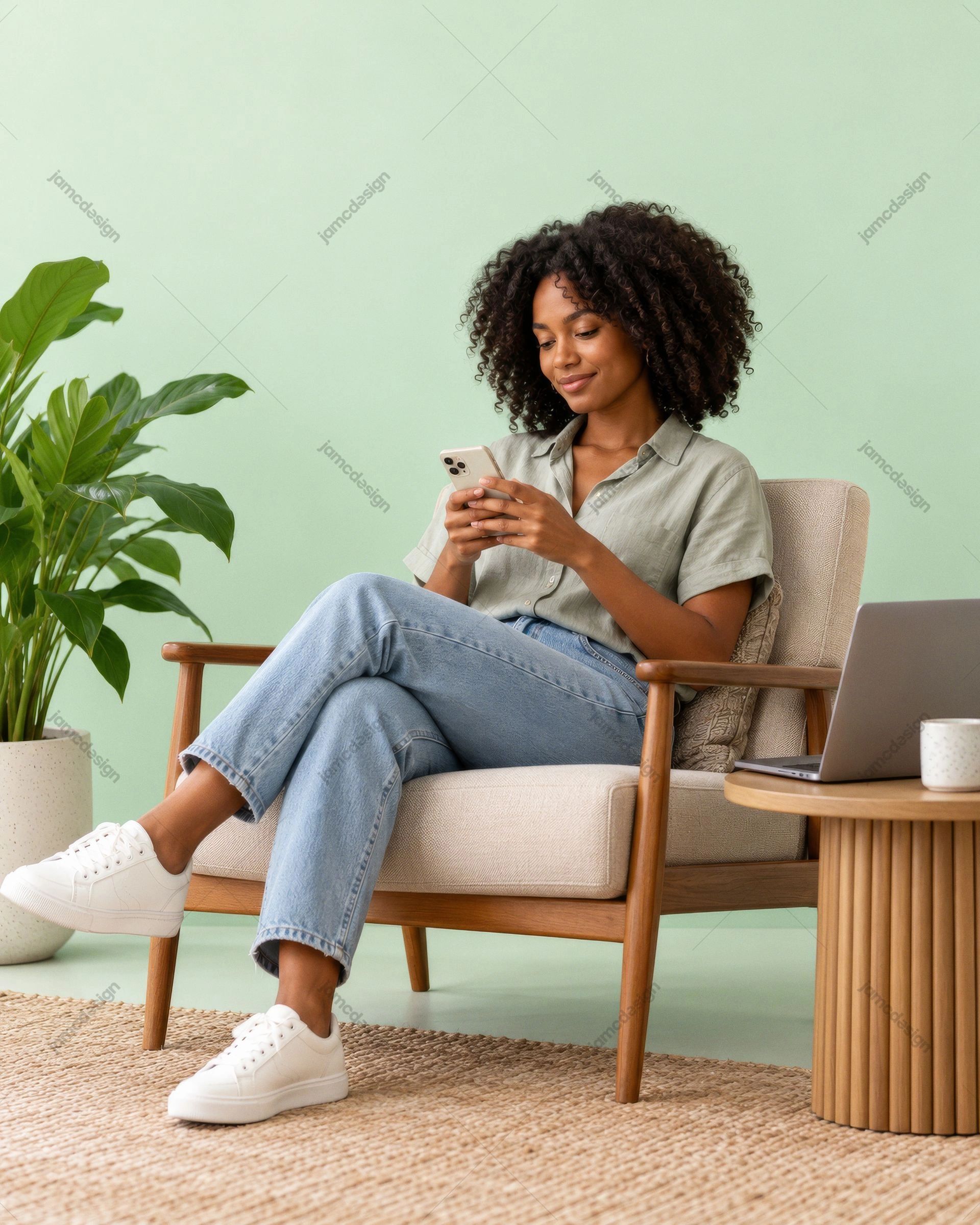 Black Woman Using Smartphone In Modern Interior. Download this JPG photo of a Black woman using a smartphone in a modern interior