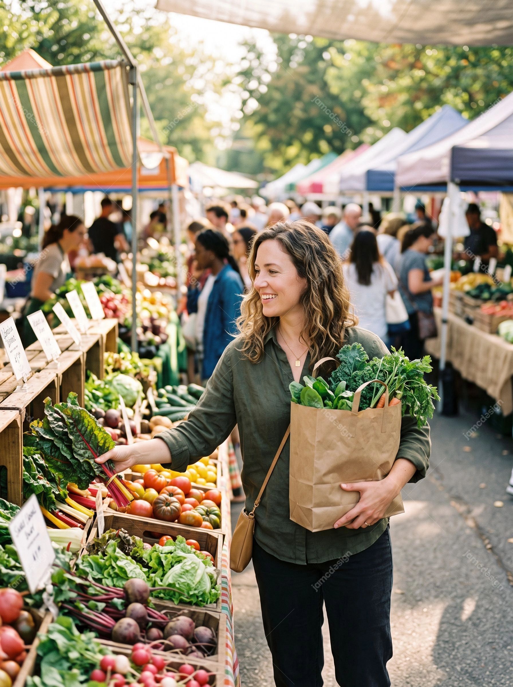 Mulher Escolhendo Legumes Frescos Em Feira Livre. Foto JPG de uma mulher sorridente escolhendo vegetais frescos em um movimentado mercado de produtores