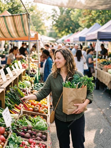 Woman Selecting Fresh Vegetables At Farmers Market