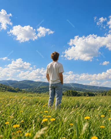 Man Standing In Wildflower Meadow Under Blue Sky