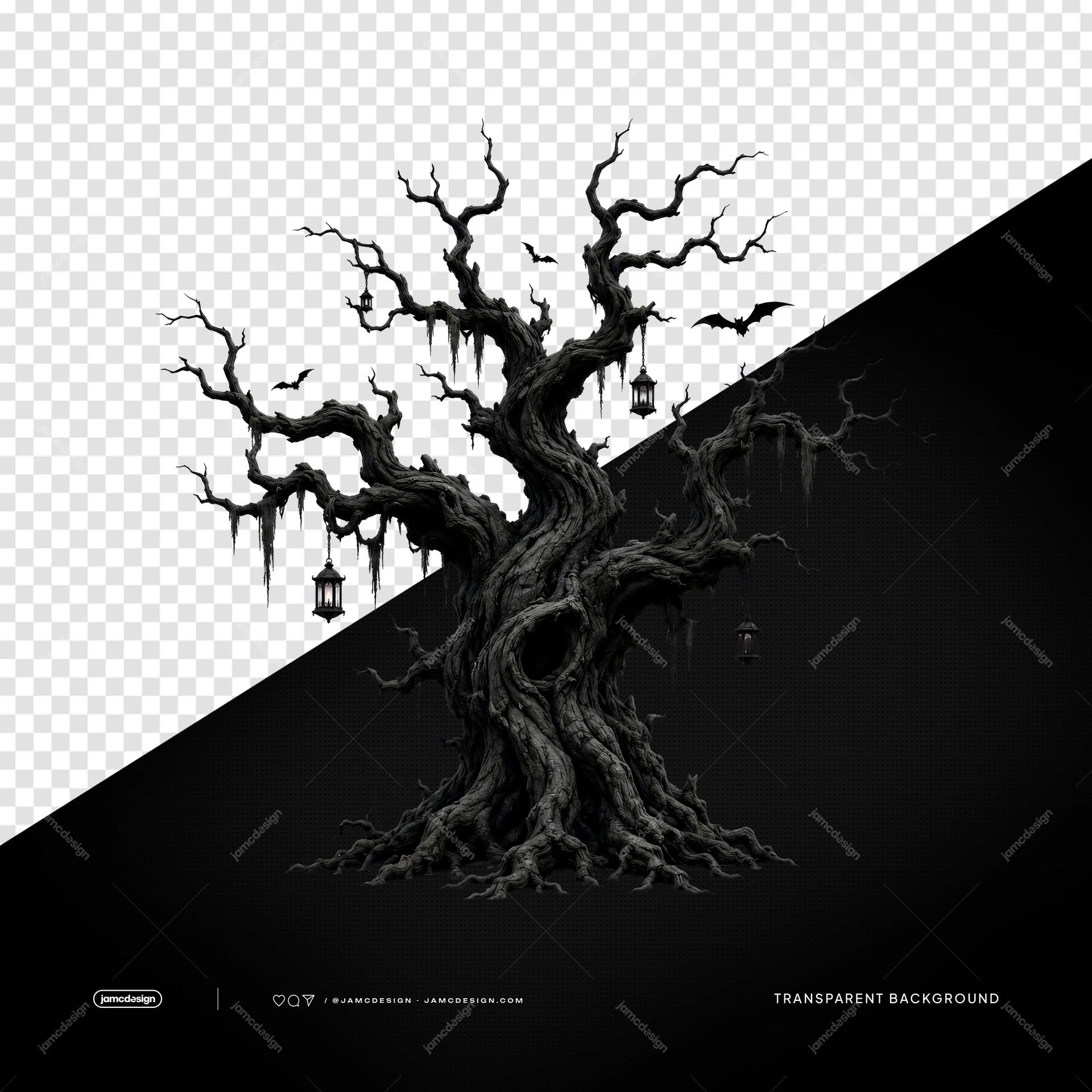 Modelo De Árvore Assombrada Escura Com Morcegos E Lanternas PNG Fundo Transparente. Ilustração de árvore assombrada escura e retorcida fornecida como PNG