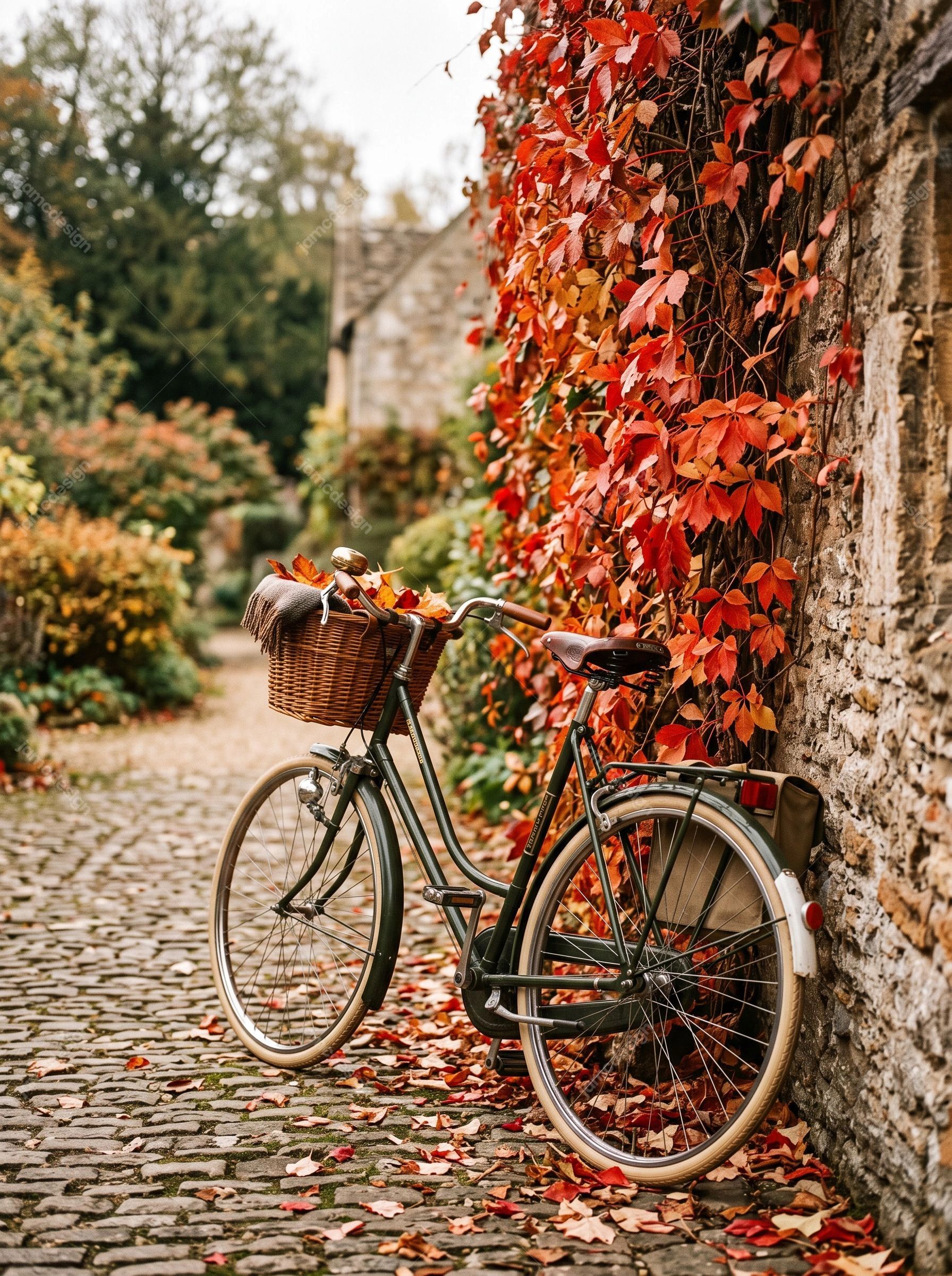 Vélo Vintage Près D’Un Mur De Pierre Couvert De Lierre. Cette photo JPG capture une bicyclette vintage avec un panier tressé