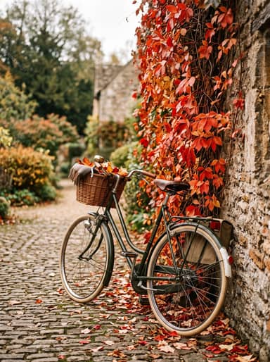 Vintage Bicycle Beside An Ivy-Covered Stone Wall