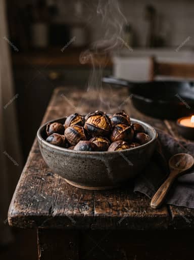 Roasted Chestnuts In Handmade Ceramic Bowl