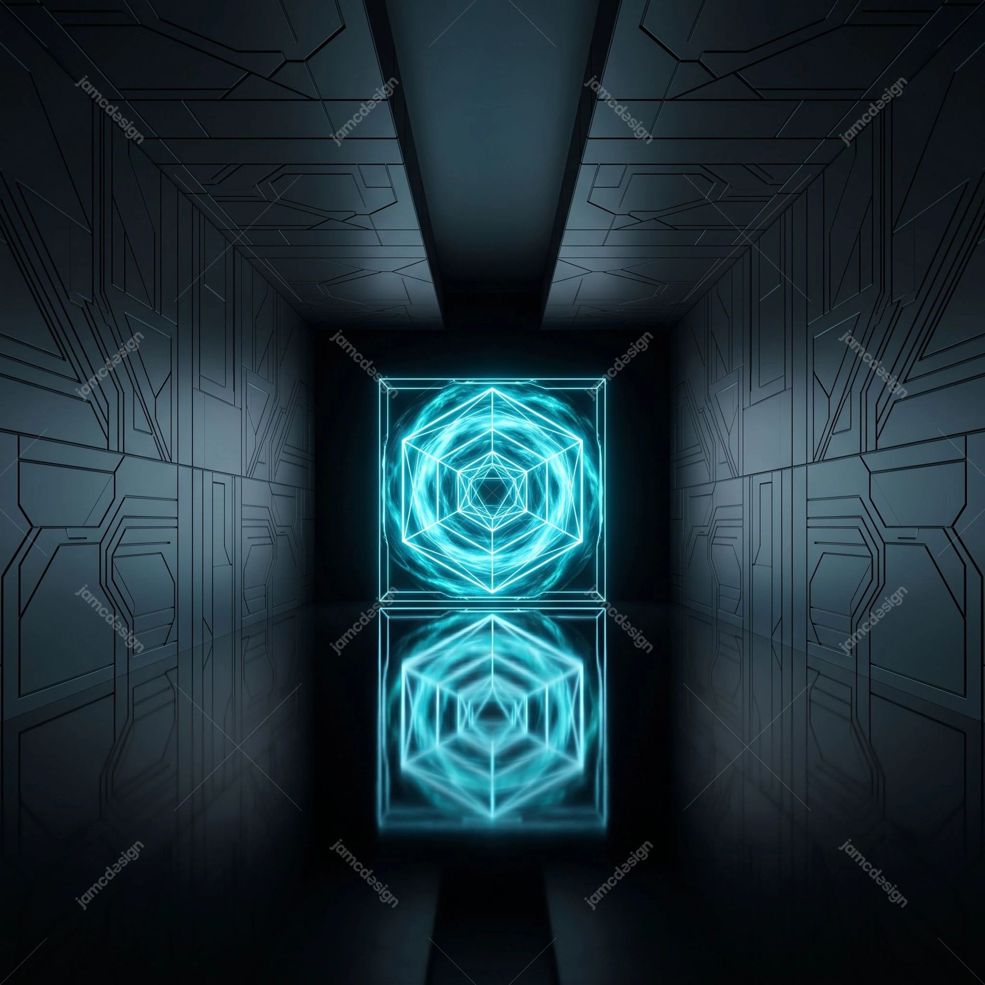 Cyan Geometric Portal Corridor Background. Download this JPG background showing a glowing cyan geometric portal in a dark futuristic corridor with reflective