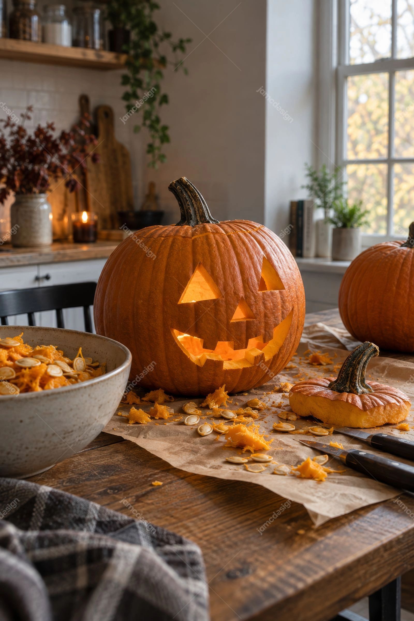 Citrouille D’Halloween Sculptée Et Lumineuse Sur La Table De Cuisine. Cette photo JPG montre une citrouille-lanterne sculptée qui brille sur une table