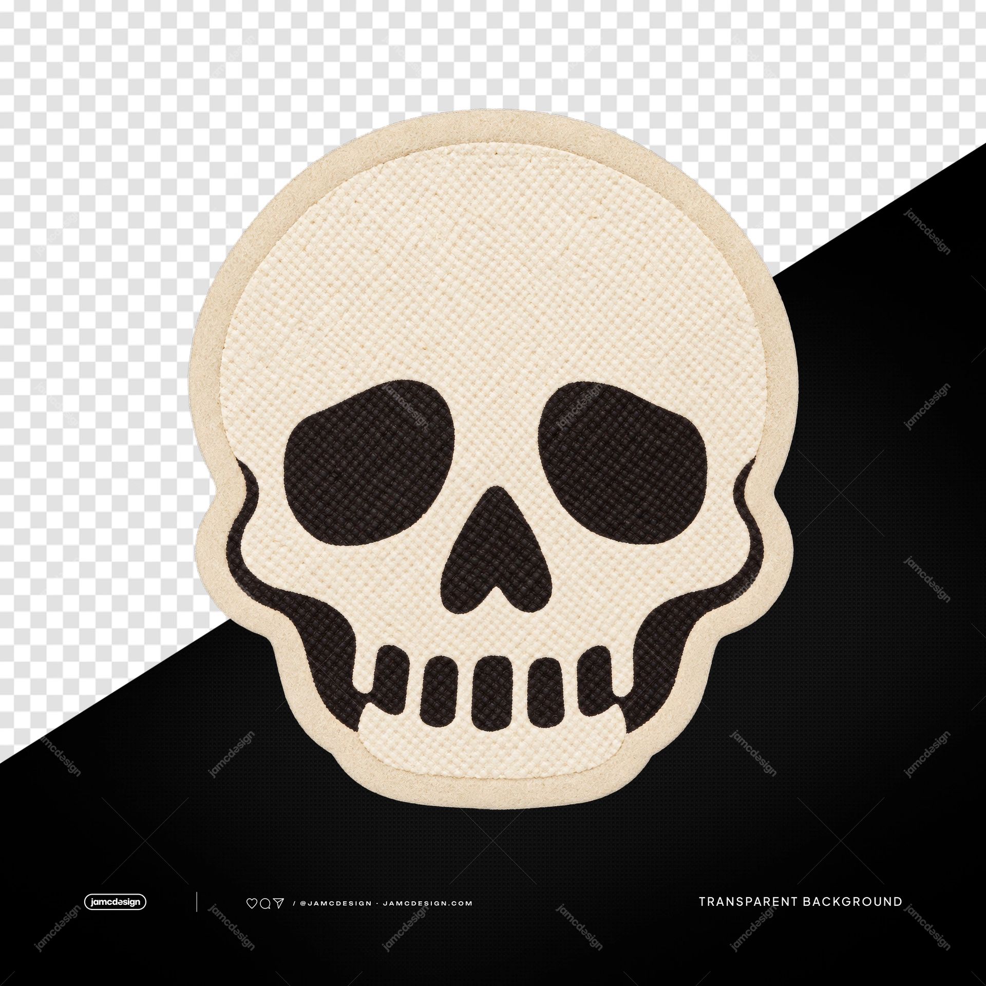 Parche De Tela Con Calavera PNG. Este objeto PNG transparente presenta un parche de calavera de tela color crema