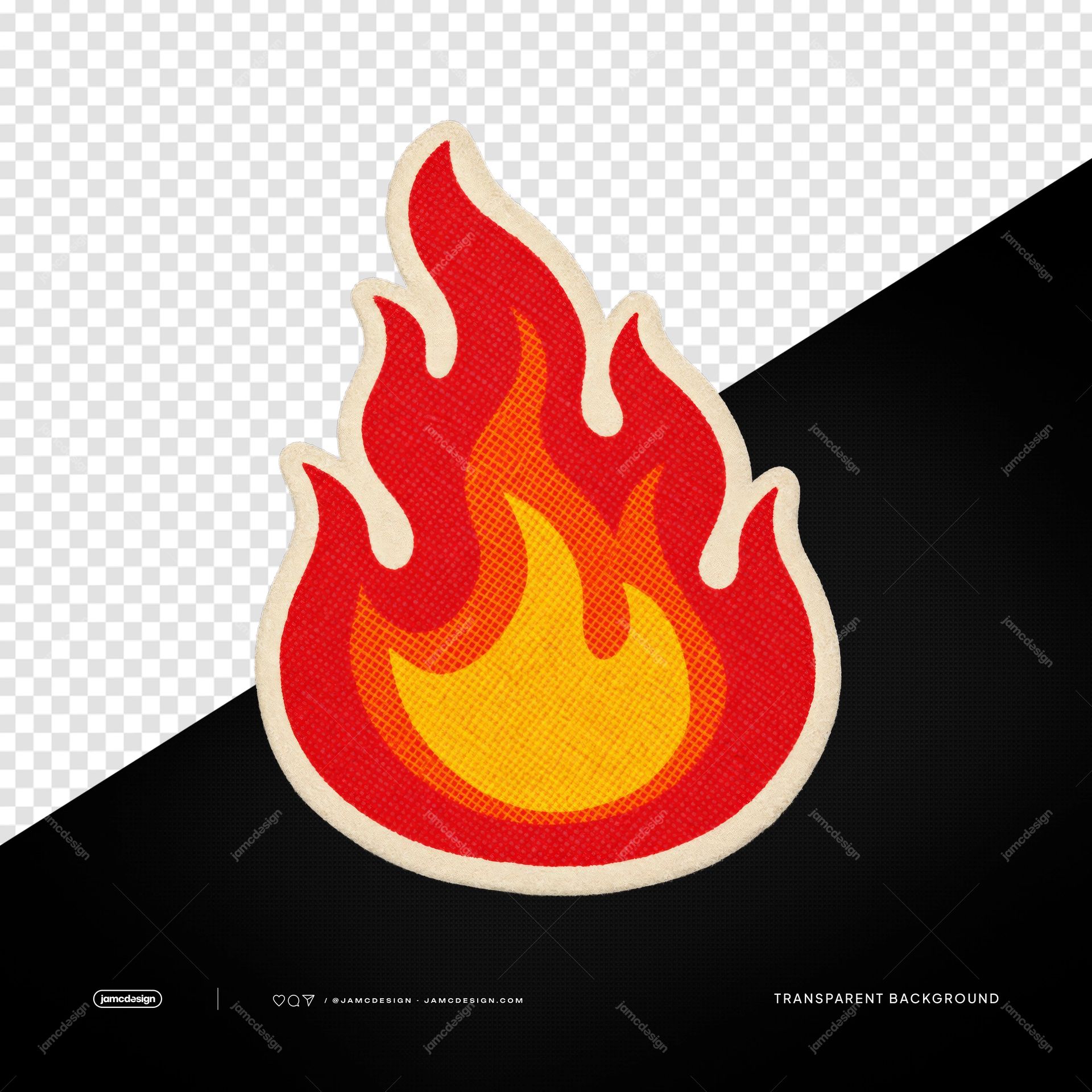 Pegatina De Parche Bordado Retro Con Forma De Llama PNG. Este objeto PNG transparente muestra un parche bordado con forma de llama roja y naranja
