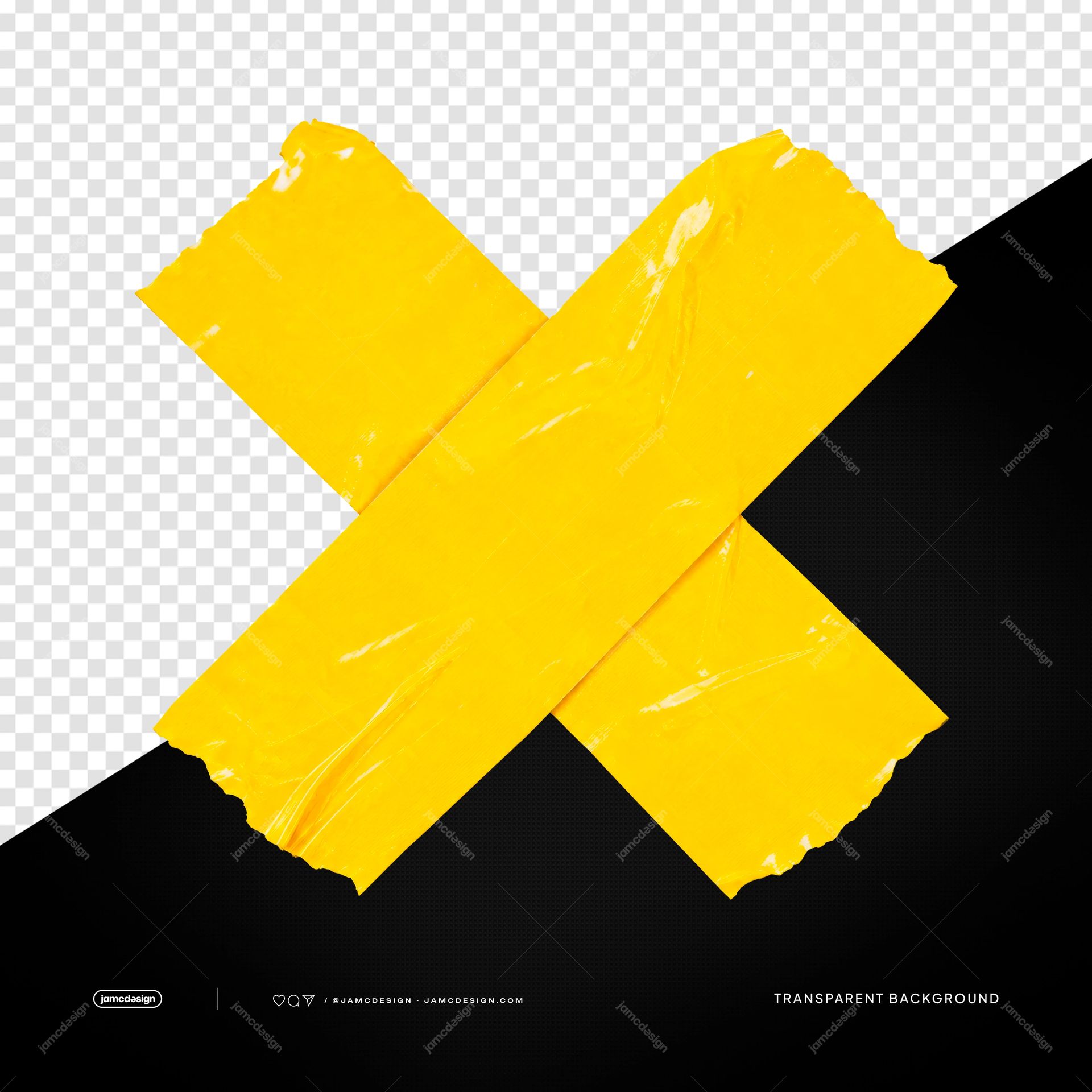 Yellow Tape X PNG Transparent. Yellow adhesive tape arranged as a bold X, supplied as a PNG transparent object with torn edges