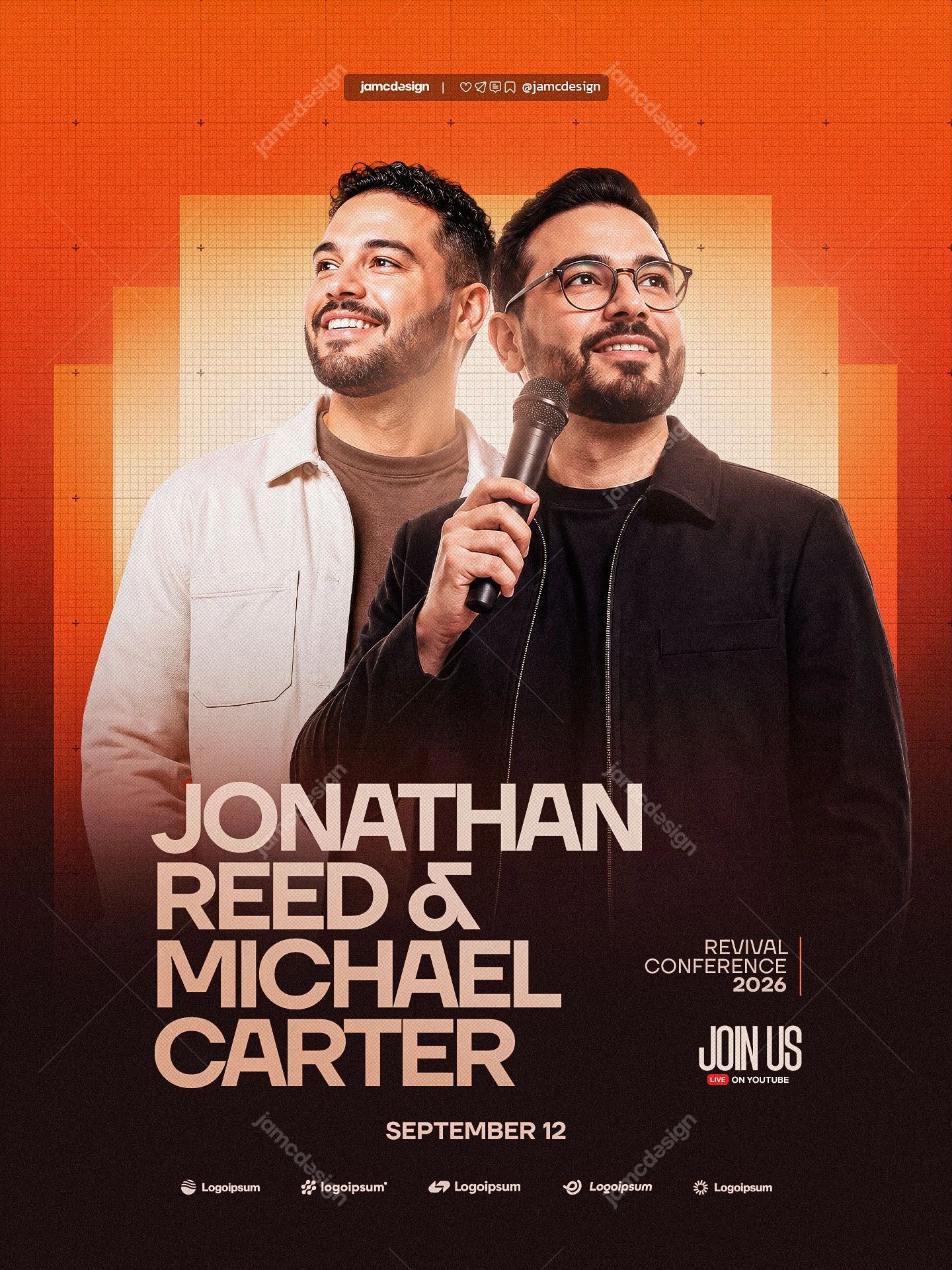 Revival Conference Church Flyer Template PSD. Editable PSD event flyer for a church revival conference, featuring two smiling men, one holding a microphone