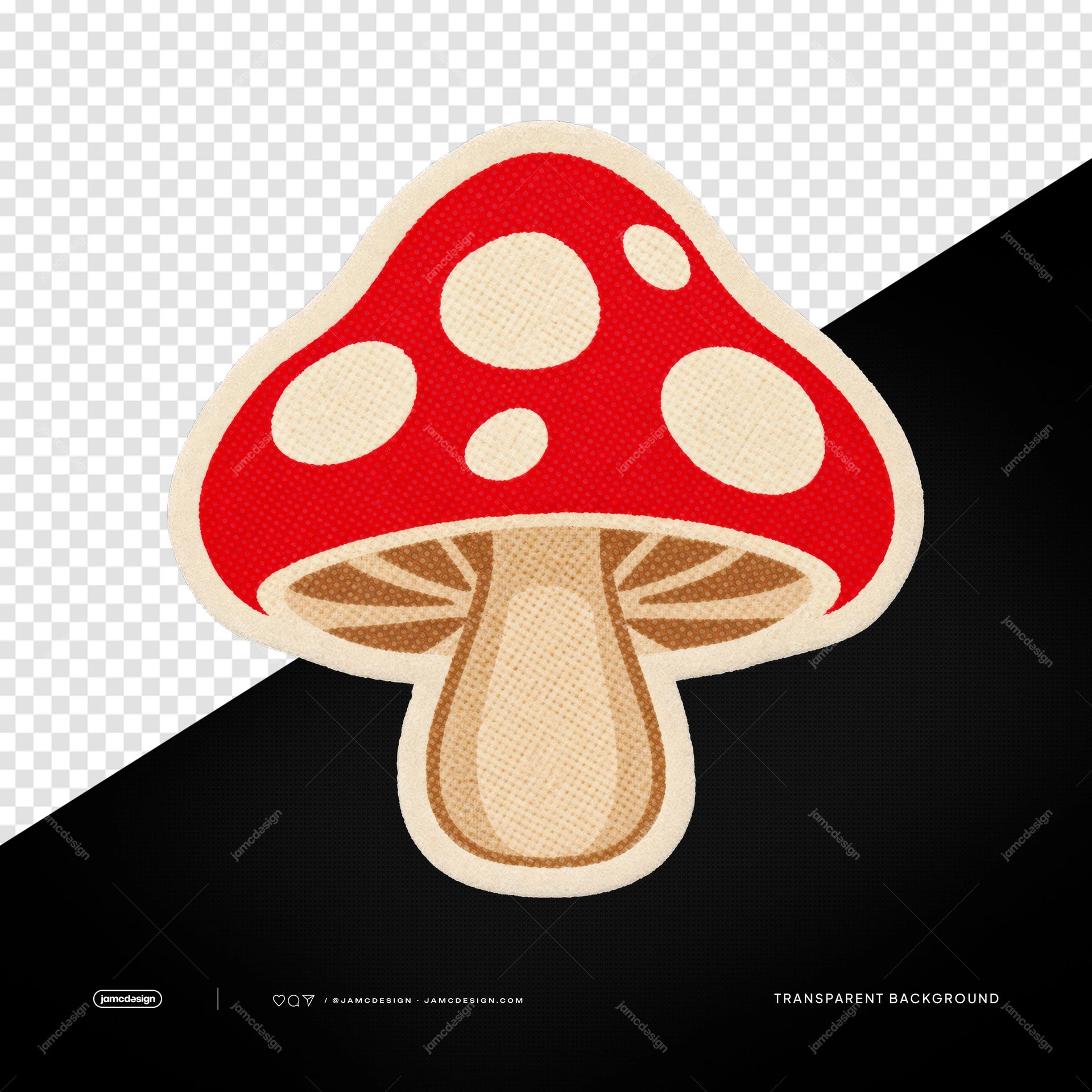 Parche Bordado De Hongo Rojo PNG. Este objeto transparente en PNG muestra un parche adhesivo con forma de champiñón rojo