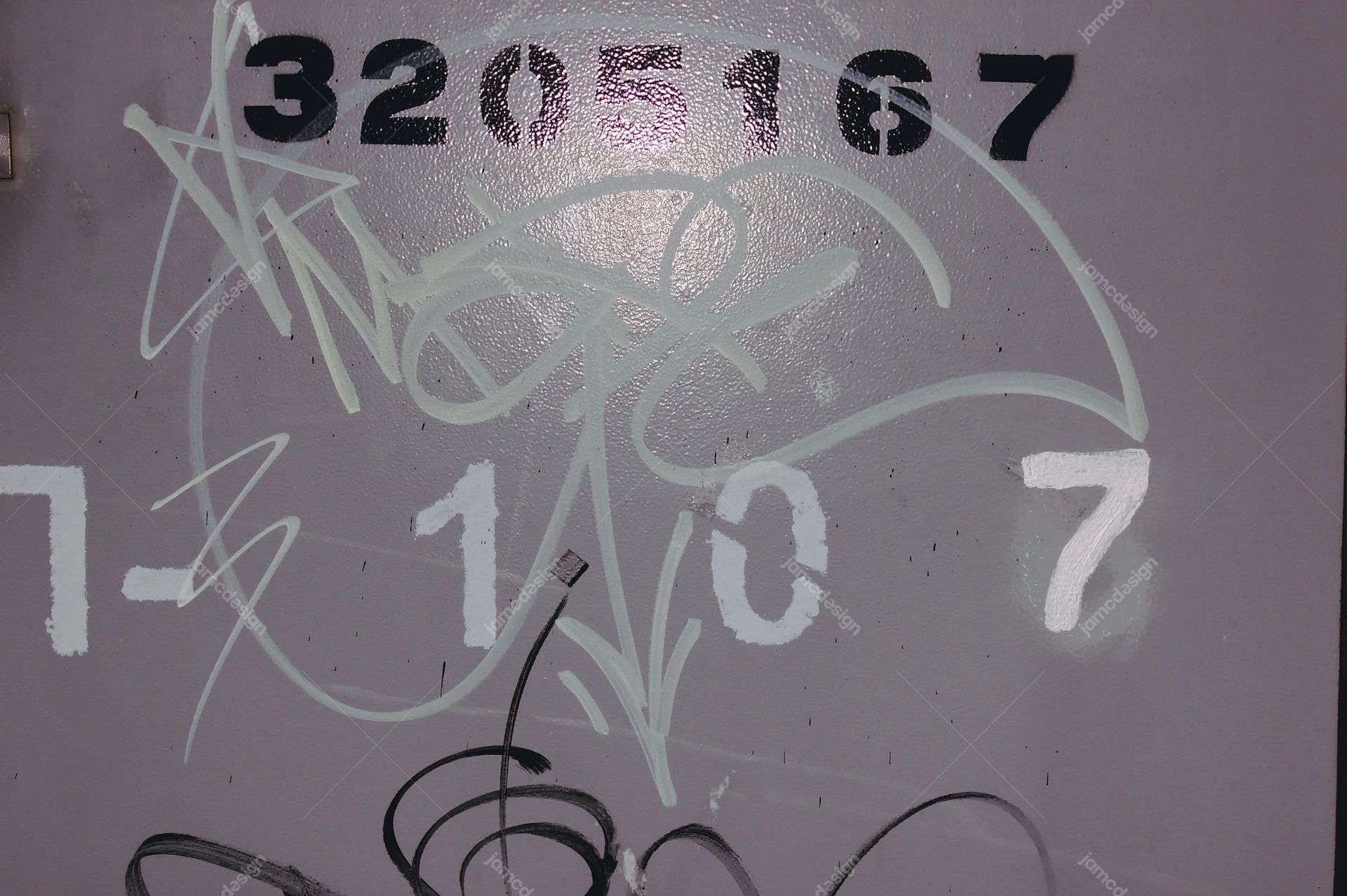 Rough Wall Texture With Pale Graffiti Strokes. Download this JPG wall texture with pale graffiti strokes and stencilled numerals across a muted lavender gray