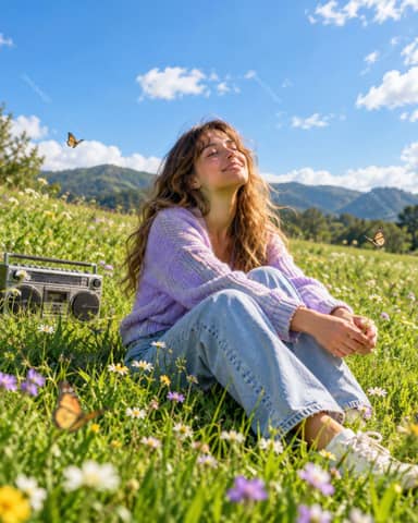 Woman In A Spring Meadow With Butterflies Photo