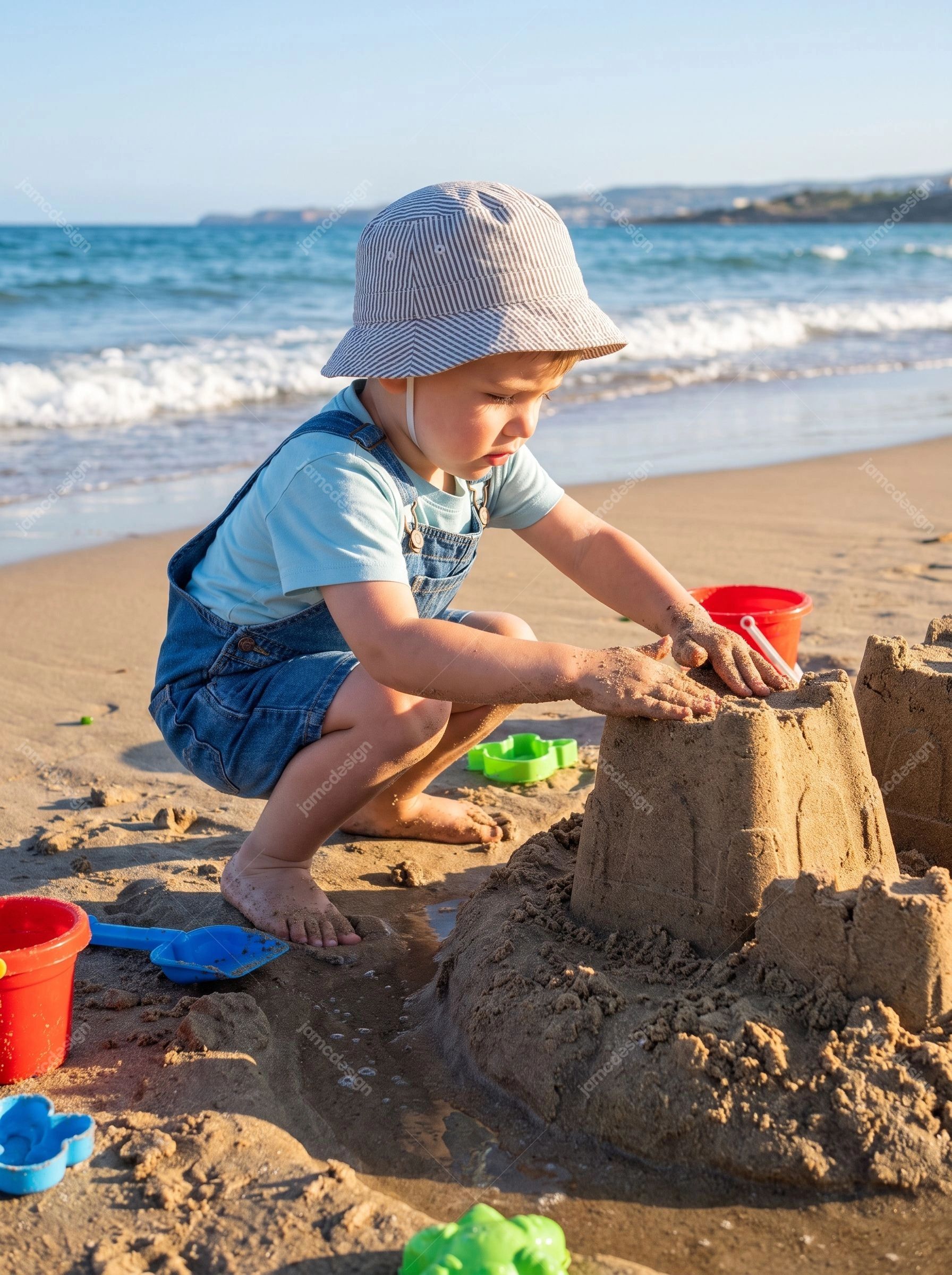 Child Building Sandcastle On Sunny Beach. JPG photo of a child building a sandcastle on a sunny beach, shown in a realistic lifestyle style with ocean waves