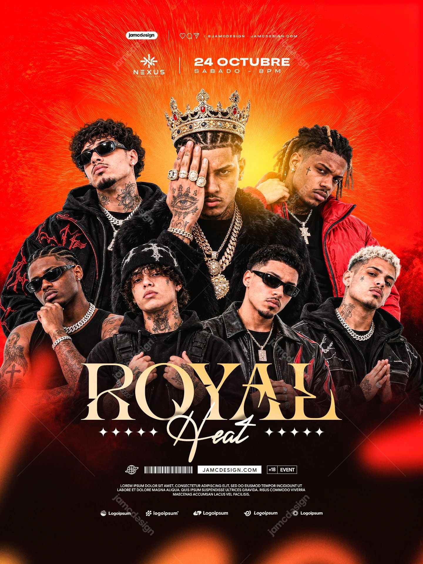Royal Heat Nightlife Event Flyer Template PSD. Download this editable PSD event flyer featuring male models around a crowned central figure