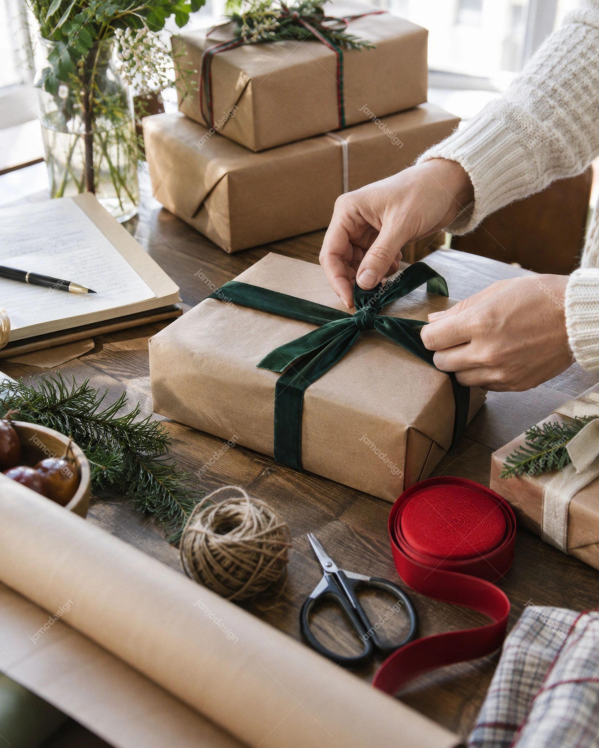 Manos Atando Una Cinta Verde De Terciopelo A Un Regalo Navideño. Esta foto JPG realista muestra unas manos atando una cinta de terciopelo verde oscuro