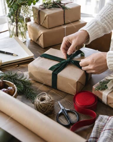 Manos Atando Una Cinta Verde De Terciopelo A Un Regalo Navideño