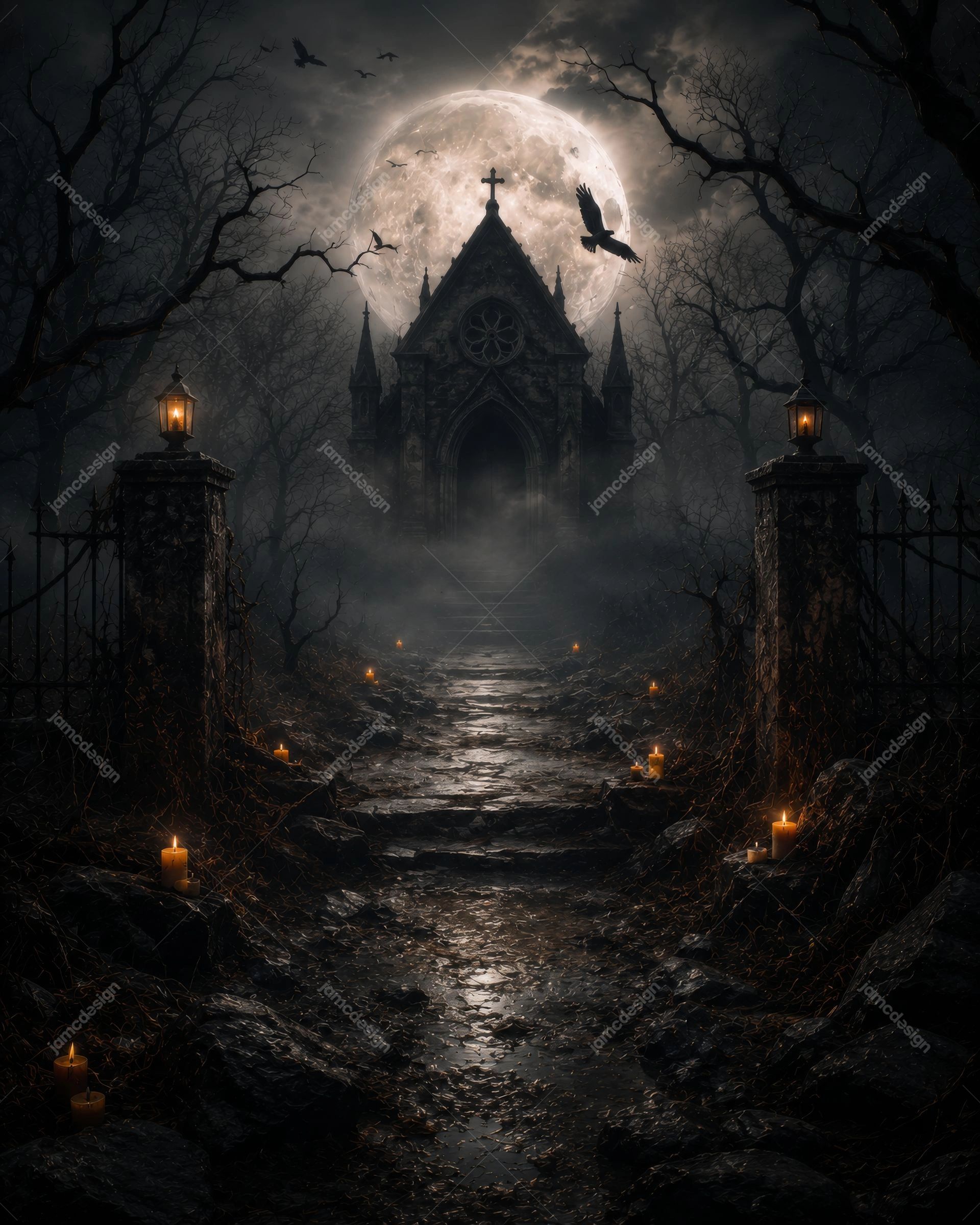 Moonlit Swamp Bridge Halloween Background. Atmospheric JPG background showing a moonlit Gothic chapel beyond a wet stone path, framed by bare trees, mist