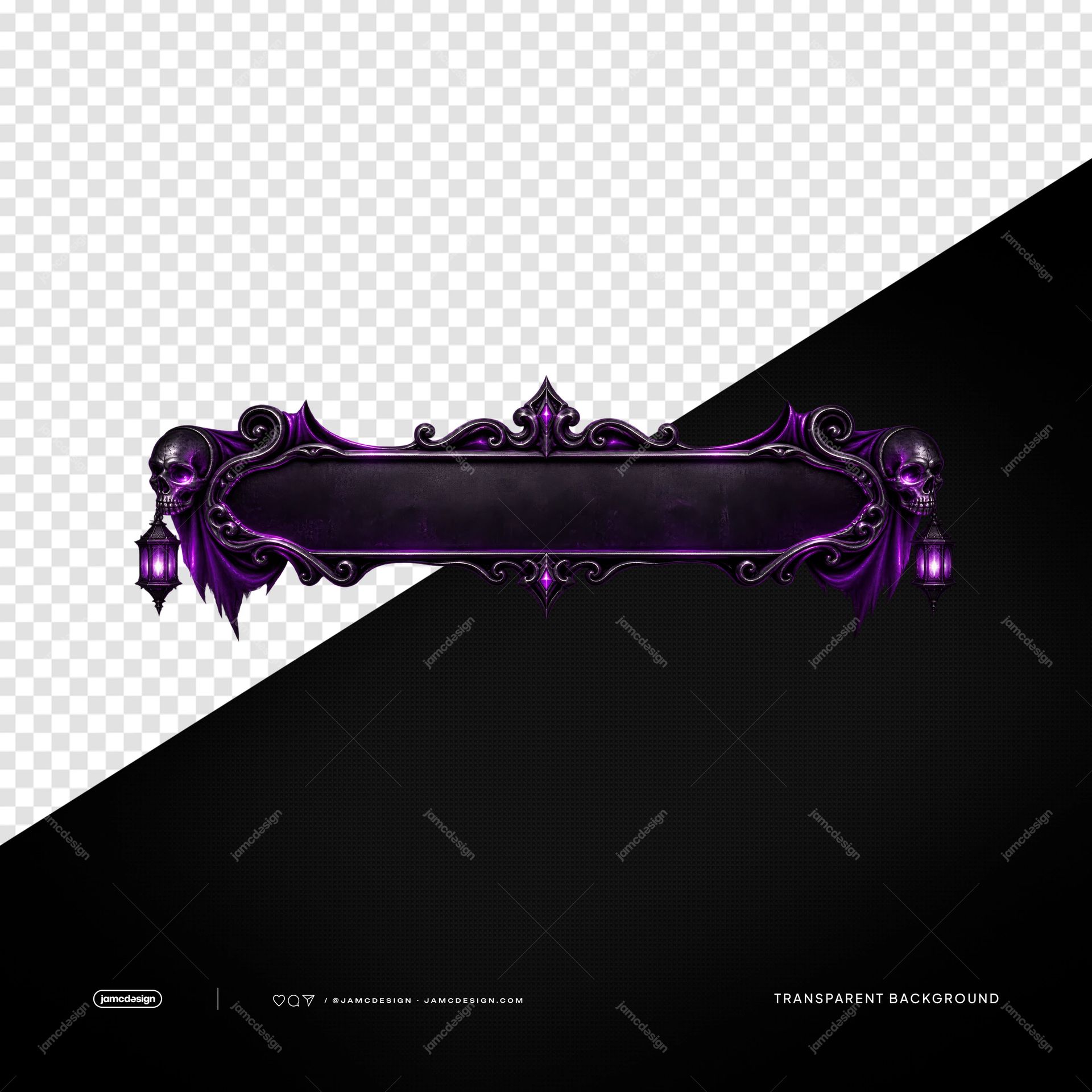 Gothic Halloween Banner Frame With Skulls And Lanterns PNG. This transparent PNG frame features an ornate black and purple Gothic banner with skulls