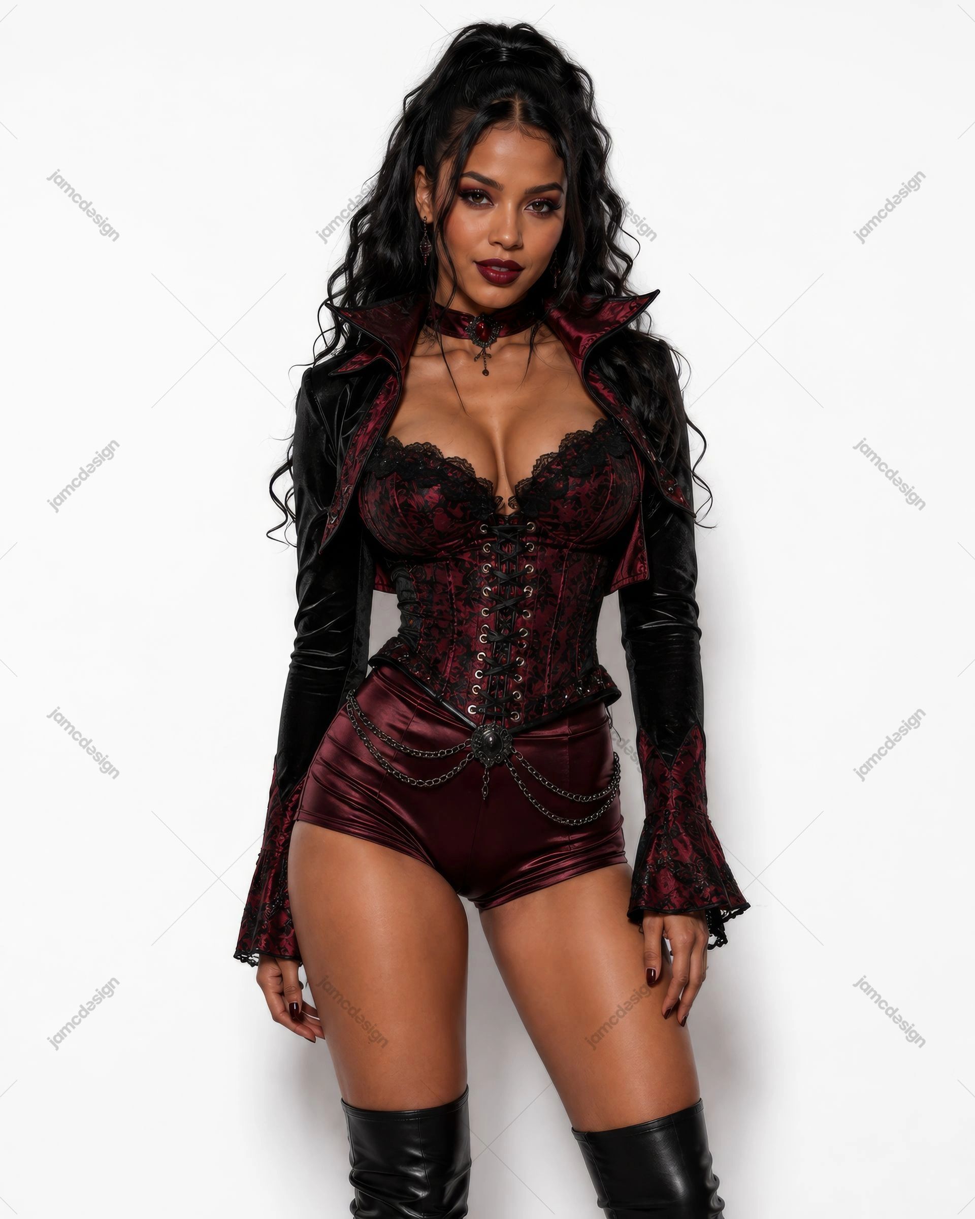 Foto De Mulher Vampira Em Fantasia Gótica Bordô. Foto de uma modelo em uma fantasia gótica bordô e preta com corselete de renda