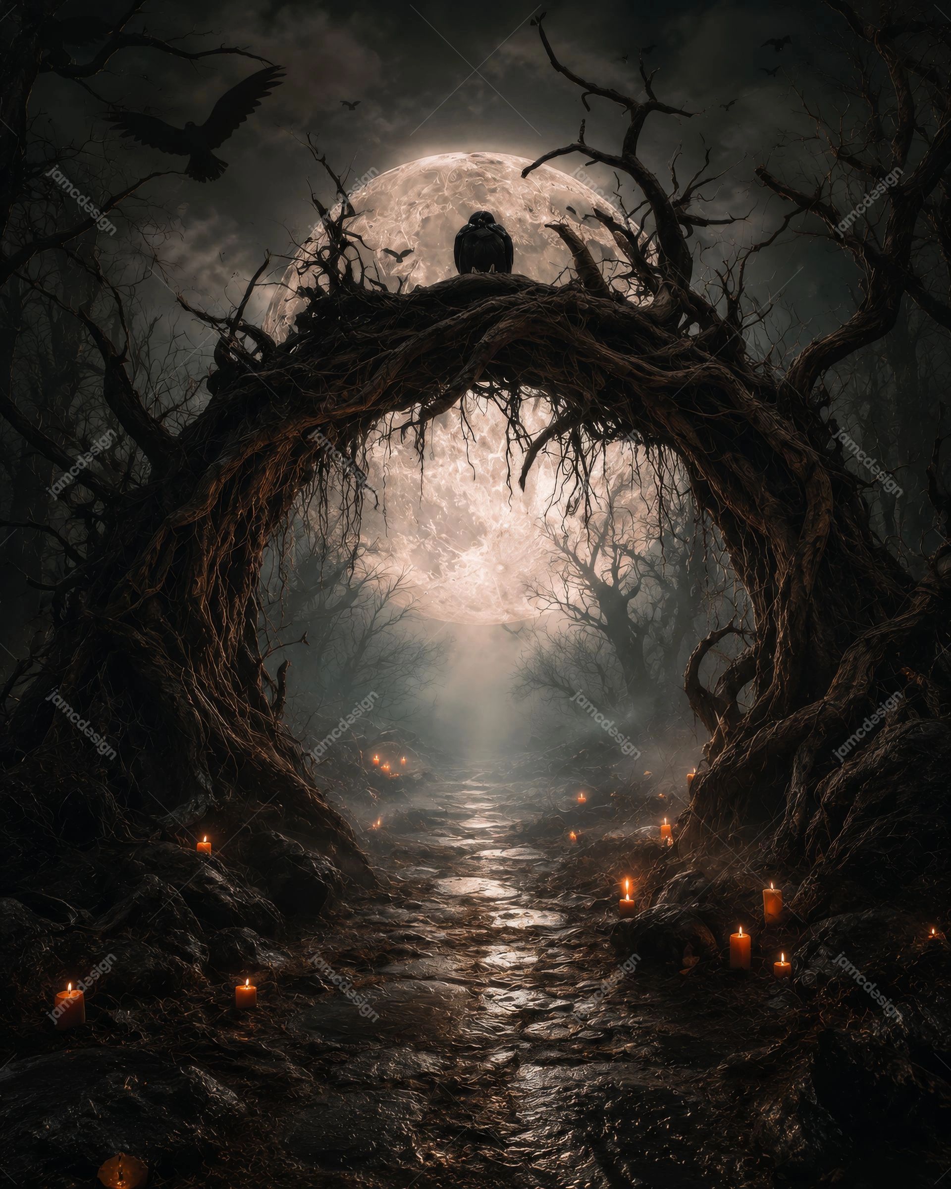 Haunted Forest Portal Full Moon Background. JPG background depicting a haunted forest path beneath a full moon, framed by twisted trees and arching roots