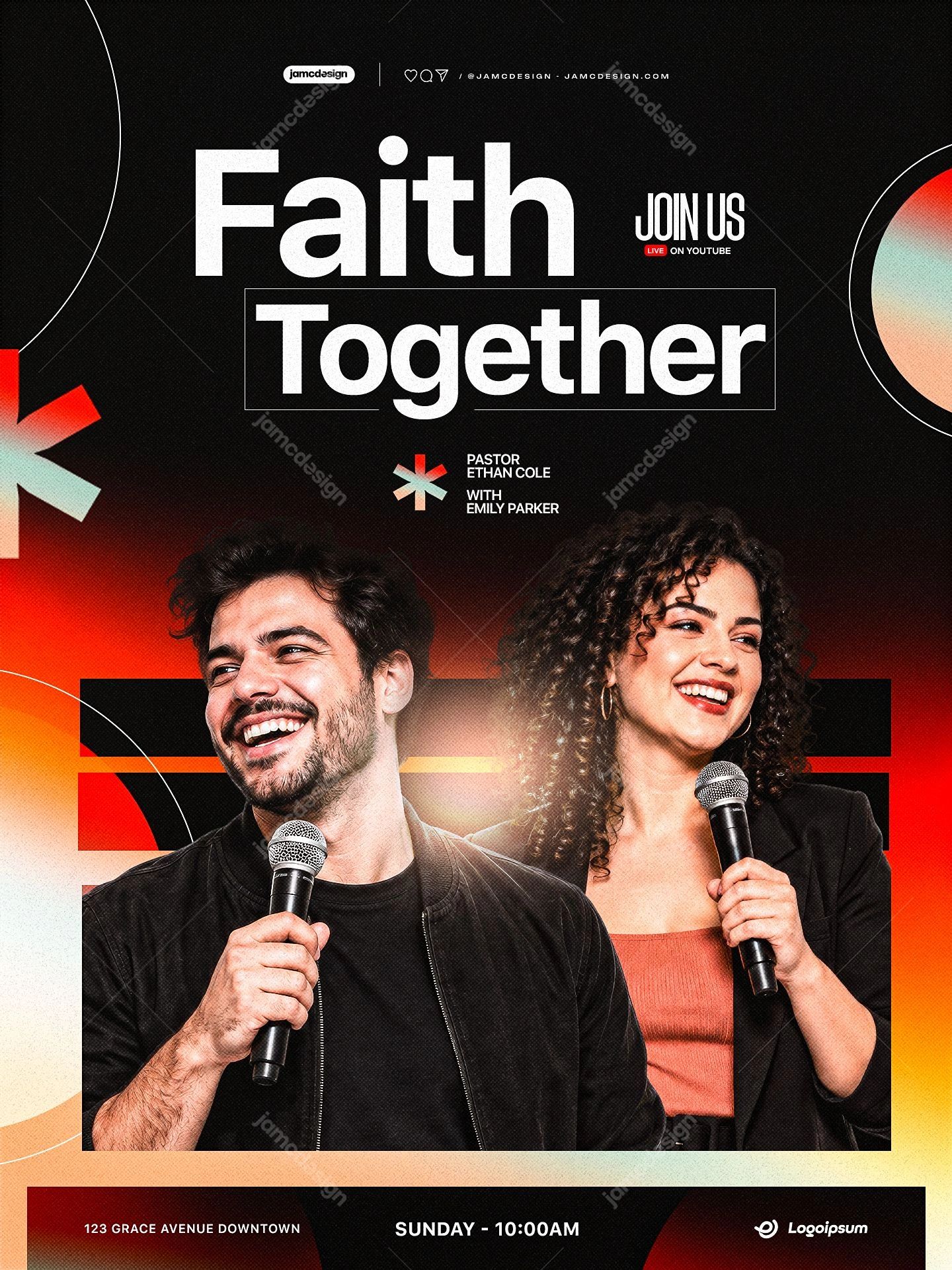 Sunday Worship Event Flyer PSD. Download this editable PSD event flyer featuring two smiling presenters with microphones, bold white typography