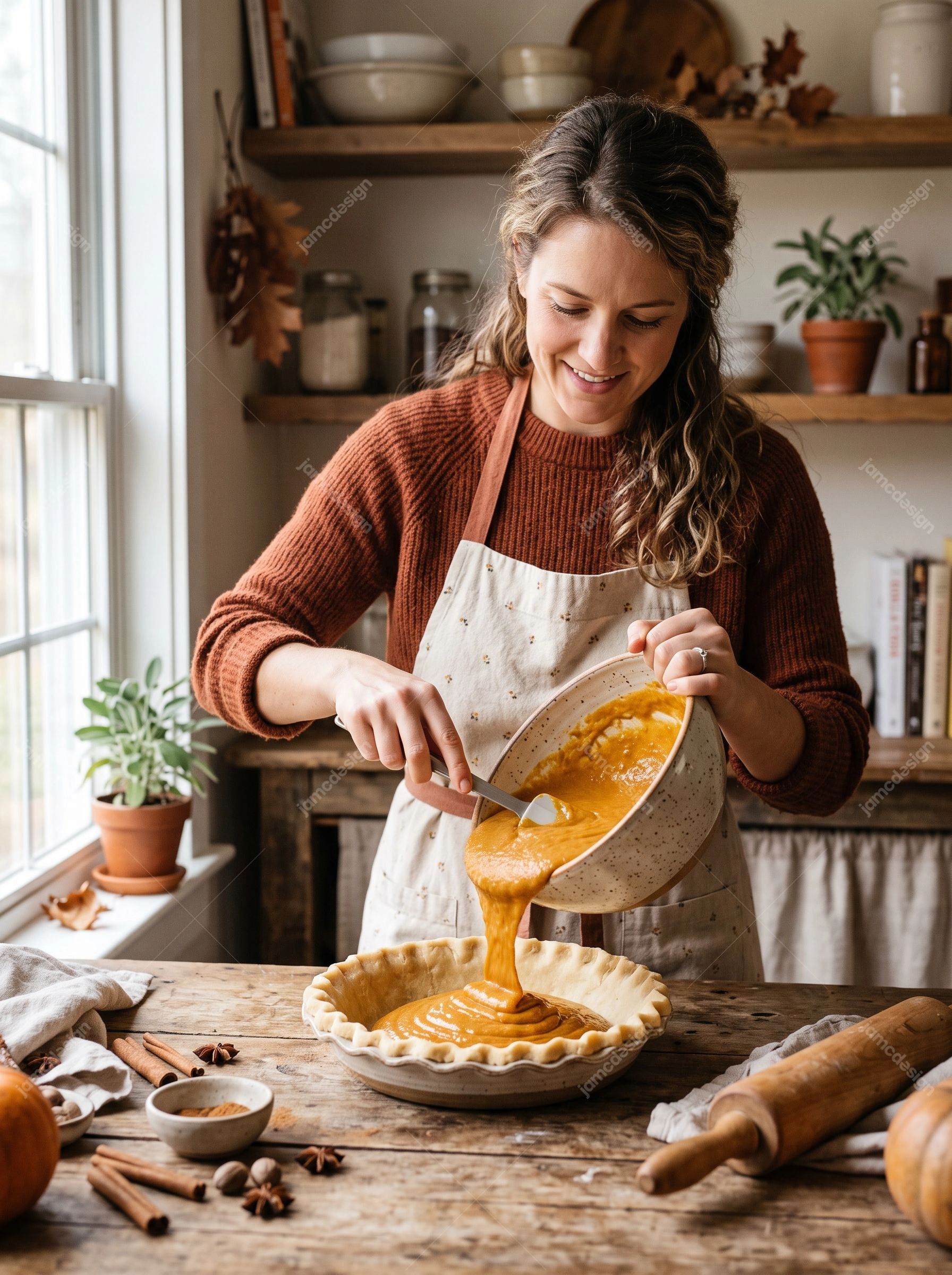 Woman Filling Pumpkin Pie In Kitchen. Download this JPG photo of a woman pouring pumpkin filling into a pie crust in a warm kitchen, captured in a bright