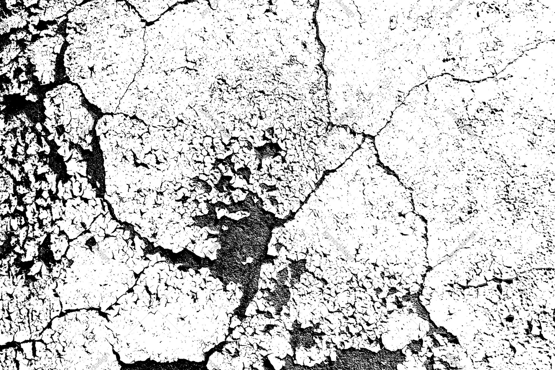 Black And White Cracked Plaster Texture PNG. This PNG texture features a high contrast cracked plaster surface in stark black and white