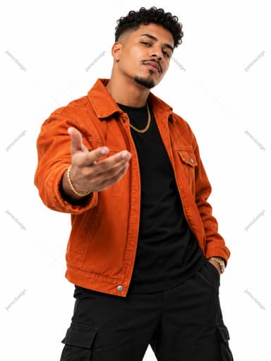 Man In Orange Jacket Against White Background Photo PNG