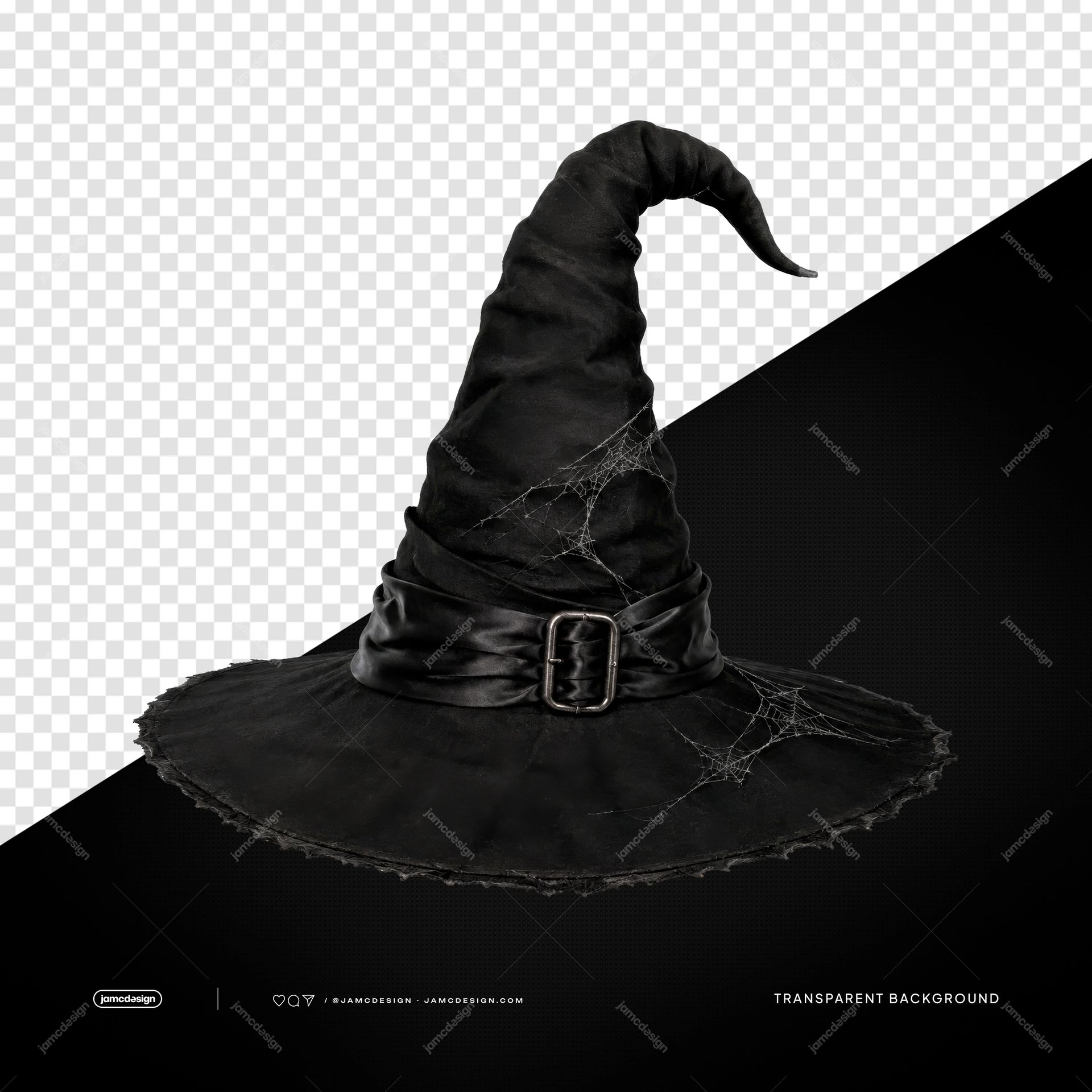 Chapéu De Bruxa Preto Com Teias De Aranha Fundo Transparente PNG. Objeto PNG transparente de um chapéu de bruxa preto com ponta curvada e afiada, aba larga
