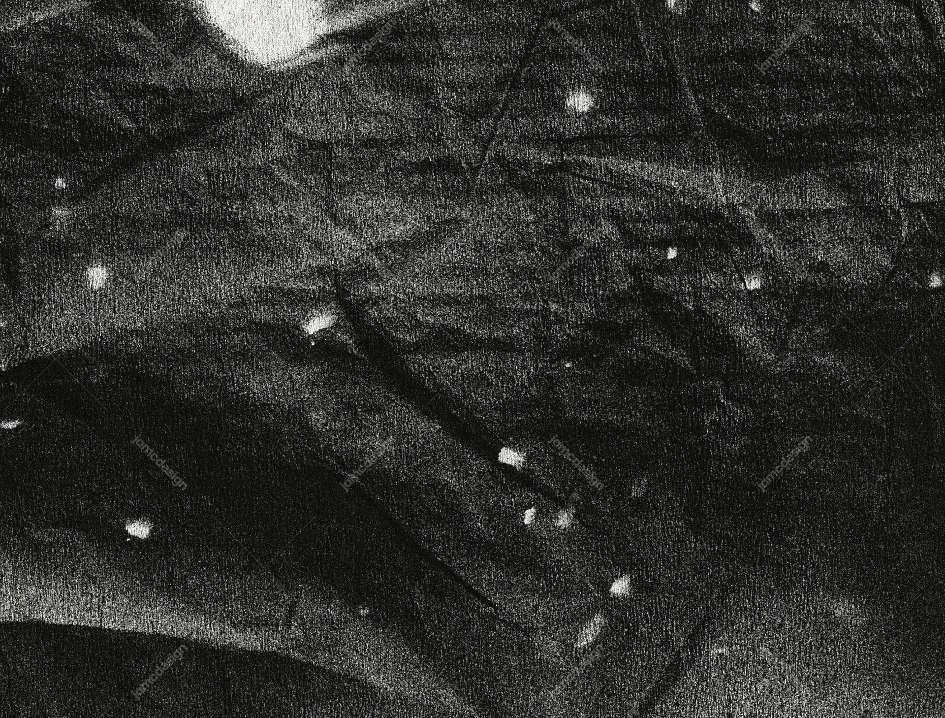Black Fabric Texture With Fine Grain. A dark monochrome JPG texture shows crumpled black fabric with a fine grain and scattered pale flecks