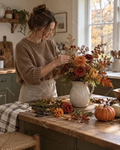 Woman Arranging Autumn Flowers In A Kitchen