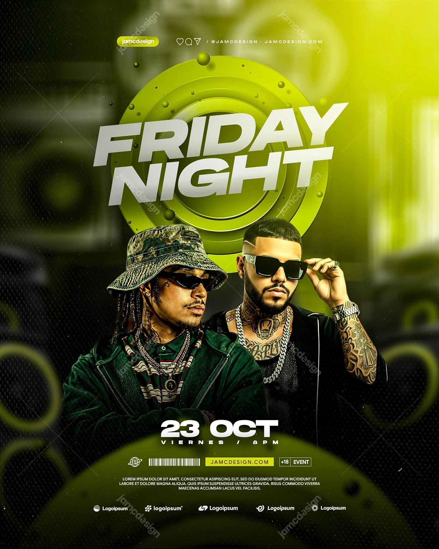 Friday Night Flyer Template With Lime Green Circle PSD. This editable PSD event flyer pairs two men in sunglasses with a bold circular lime green graphic