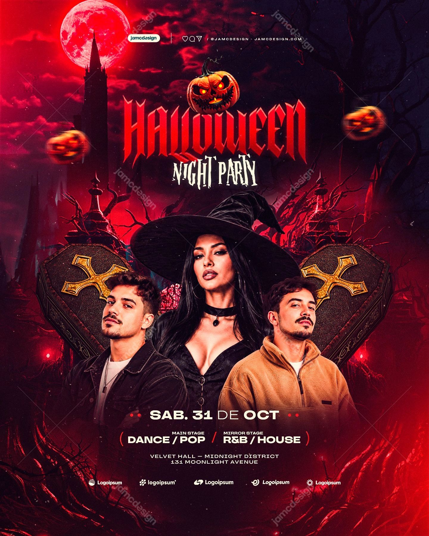 Halloween Party Flyer Template With Red Moon PSD. This editable PSD event flyer features three fashion models, a witch hat