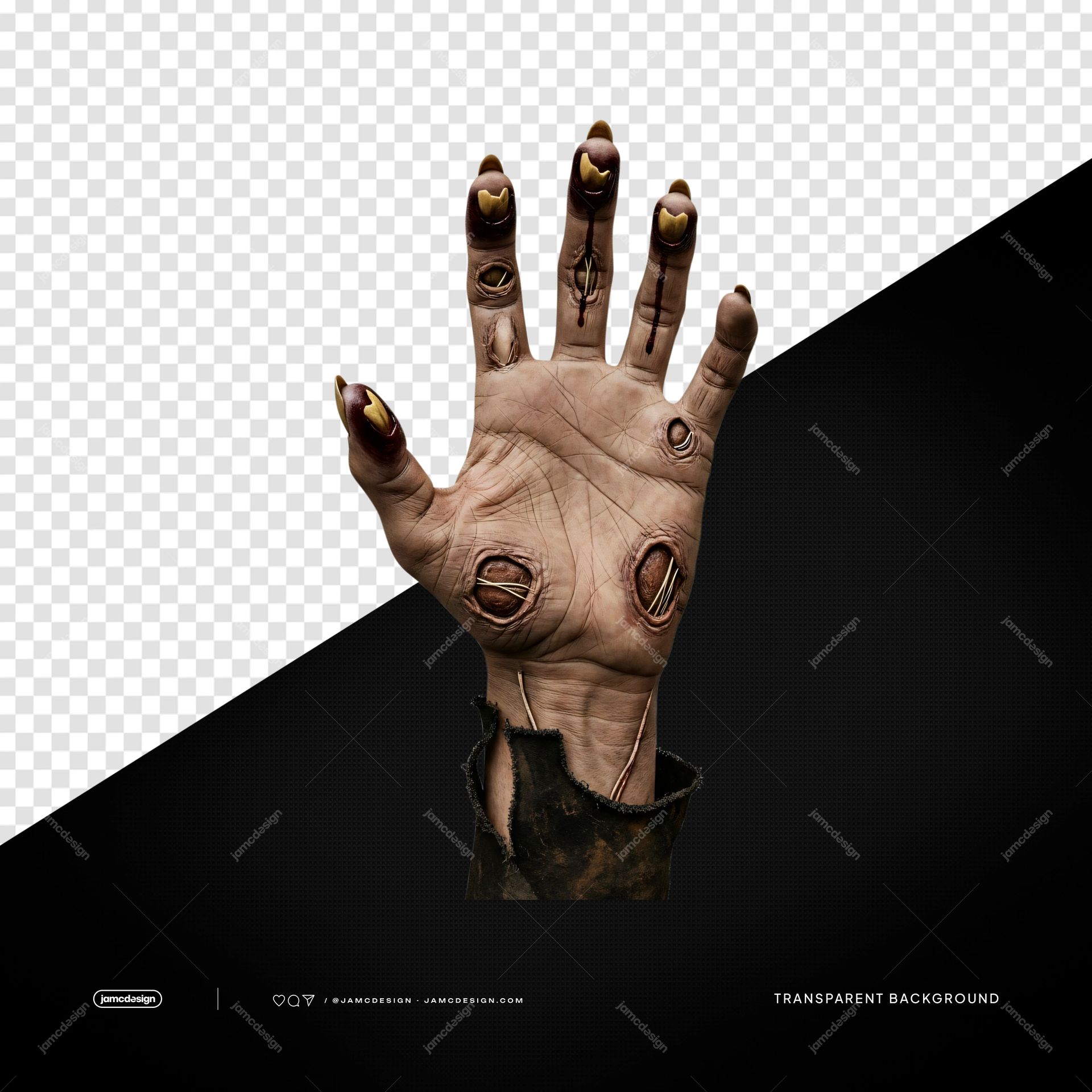 Reaching Zombie Hand Dark Nails PNG Transparent. Photorealistic PNG transparent object featuring a decayed reaching hand with dark nails