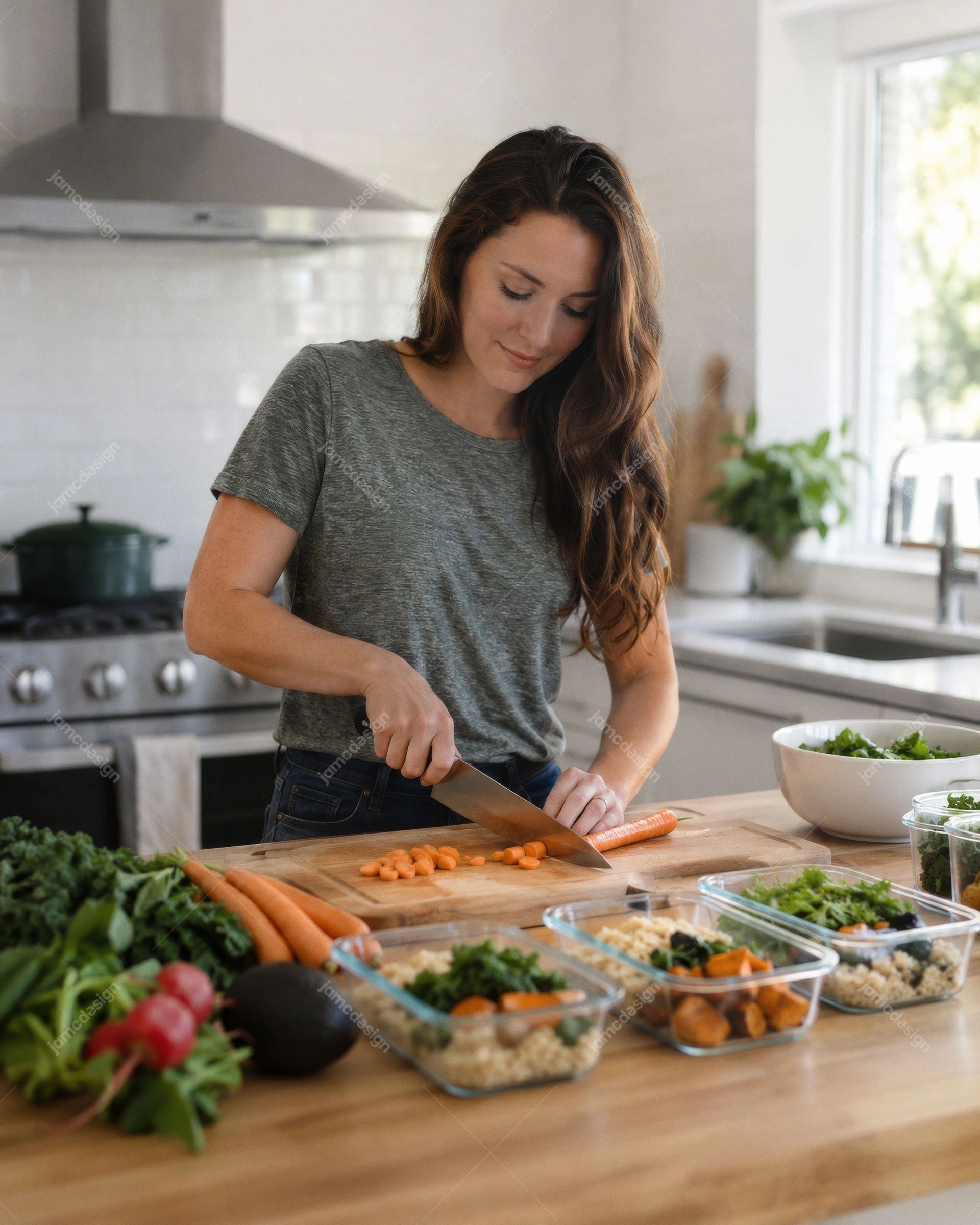 Mujer Preparando Comidas Saludables Con Verduras. Descarga esta foto JPG de una mujer preparando recipientes con comidas de verduras en una cocina luminosa