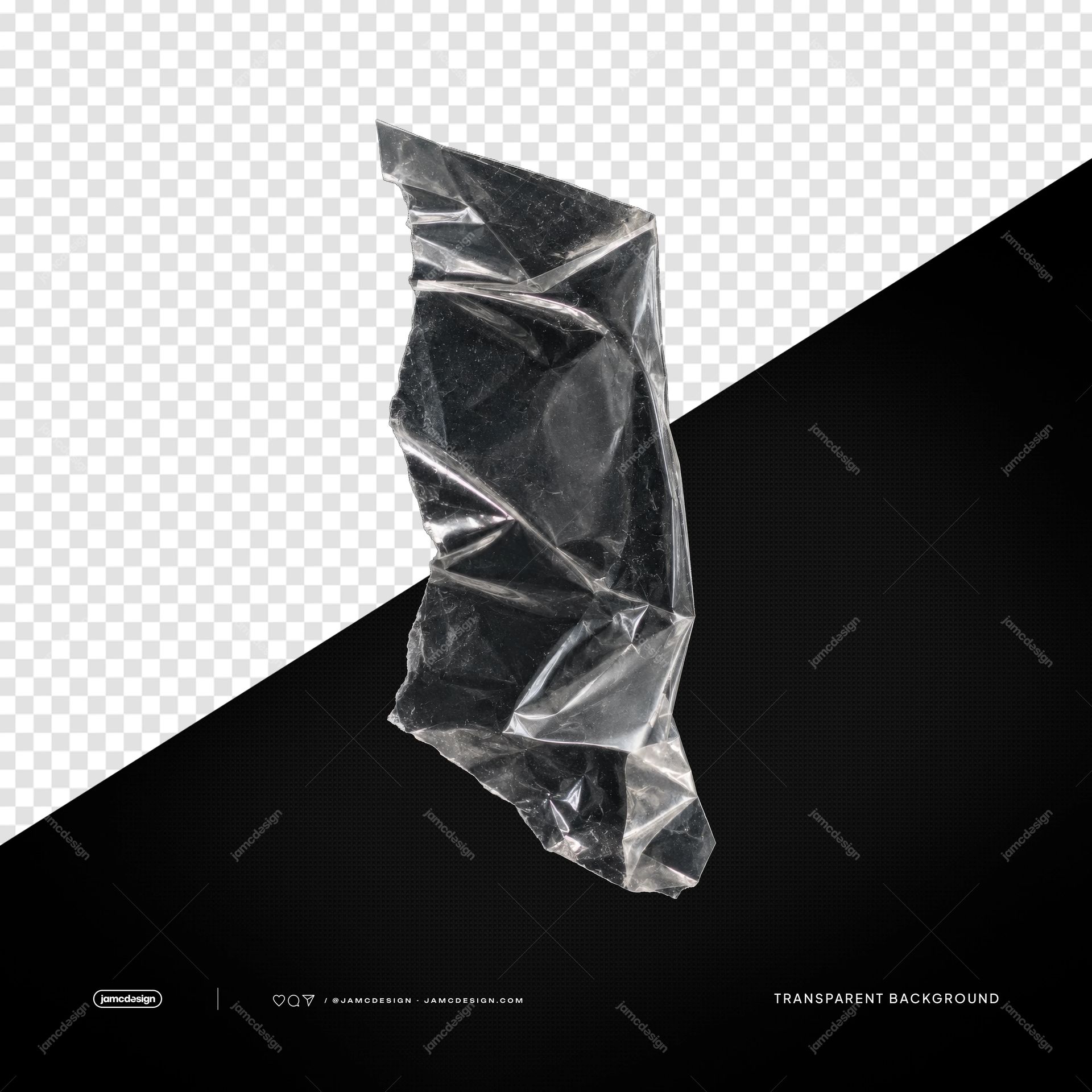 Crumpled Plastic Wrap PNG. This transparent PNG overlay shows a crumpled sheet of reflective plastic with sharp folds and silvery highlights