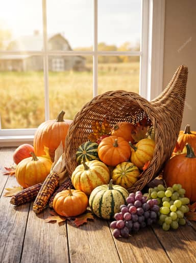 Festive Harvest Still Life With Pumpkins, Gourds, Corn And Grapes