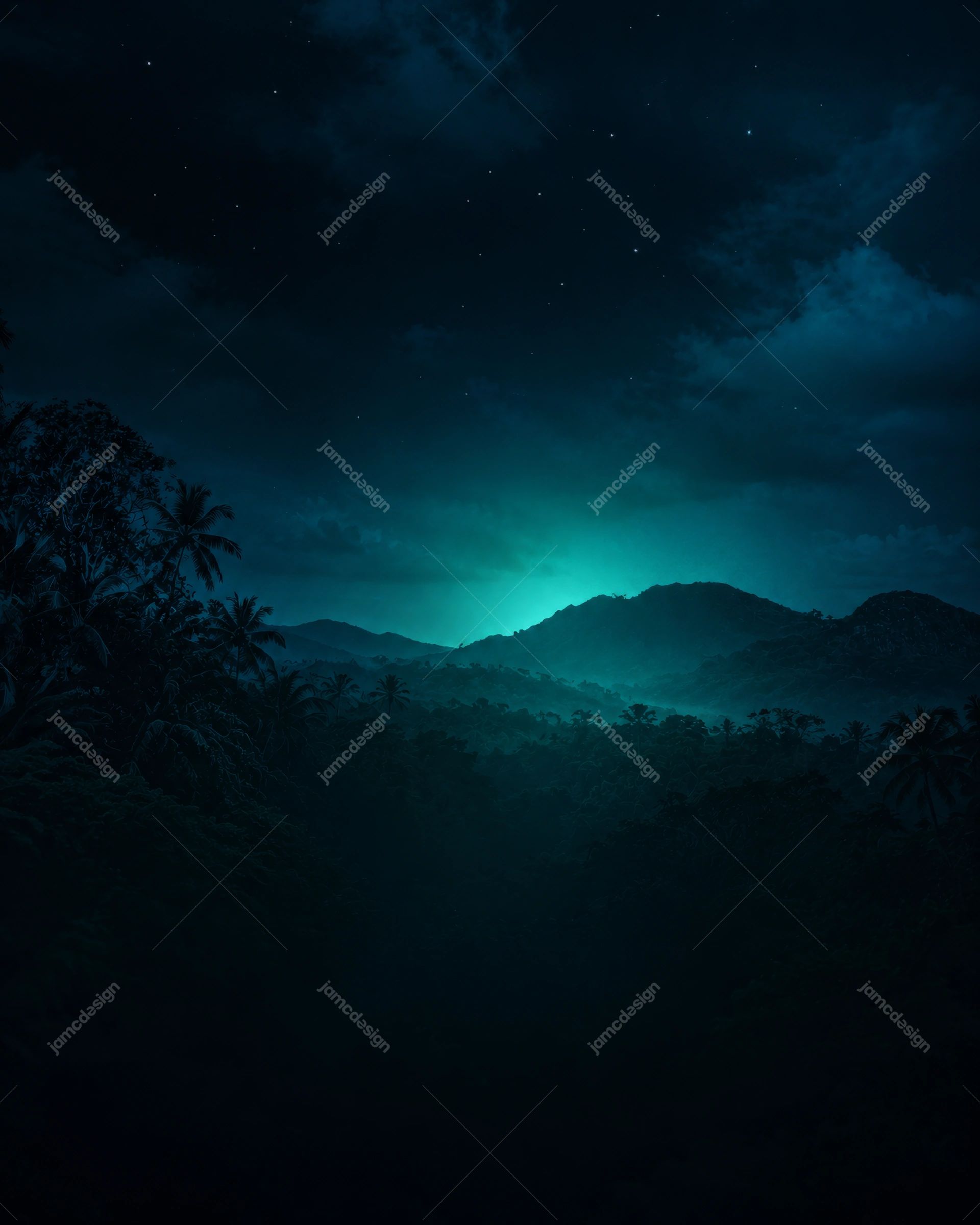 Tropical Mountain Night Background. A dark tropical mountain scene fills this PNG background, with layered forest silhouettes