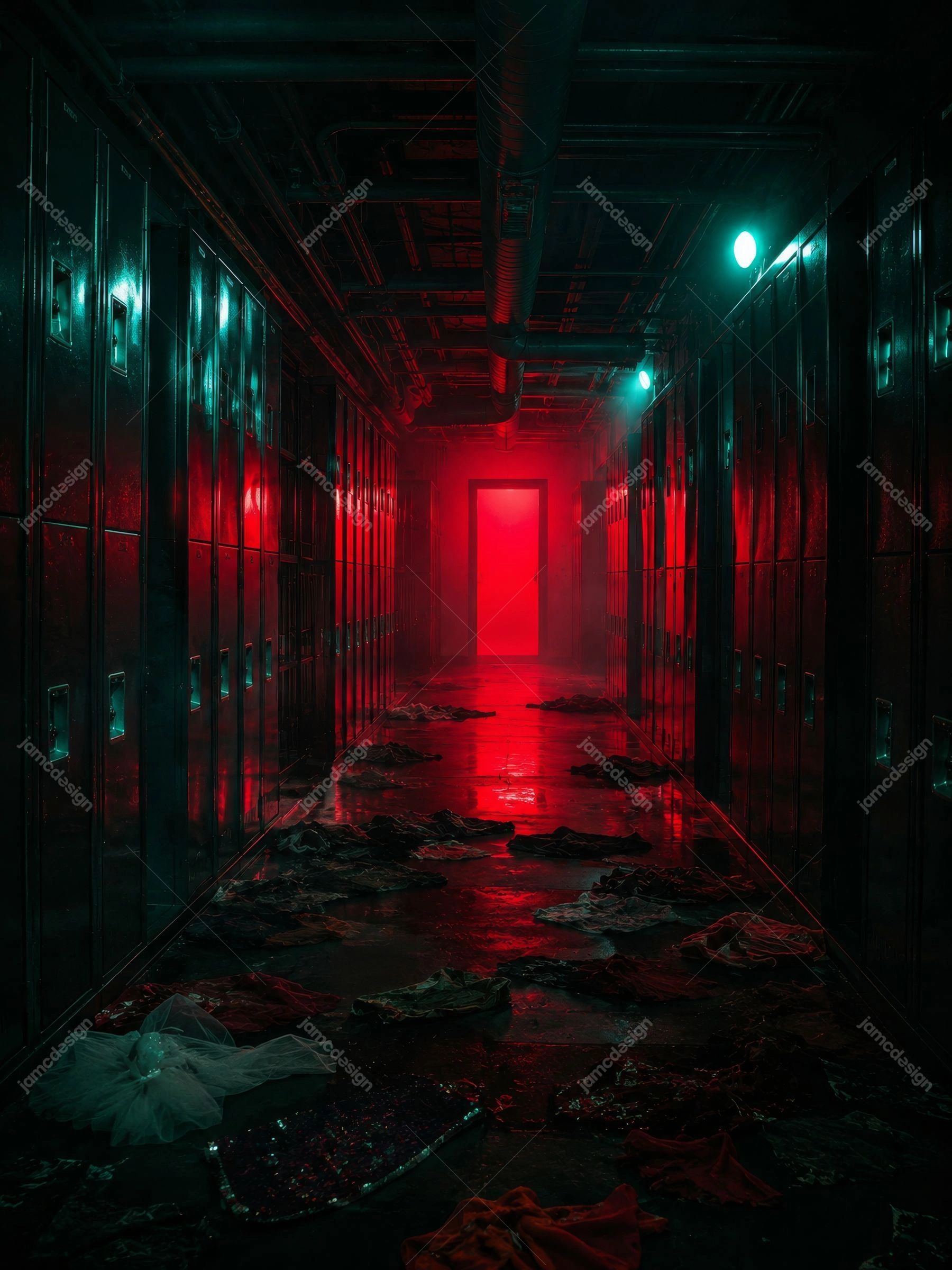Red Door Glow School Locker Hallway Crimson Mist Interior Background. JPG background showing a school locker corridor with a glowing red doorway