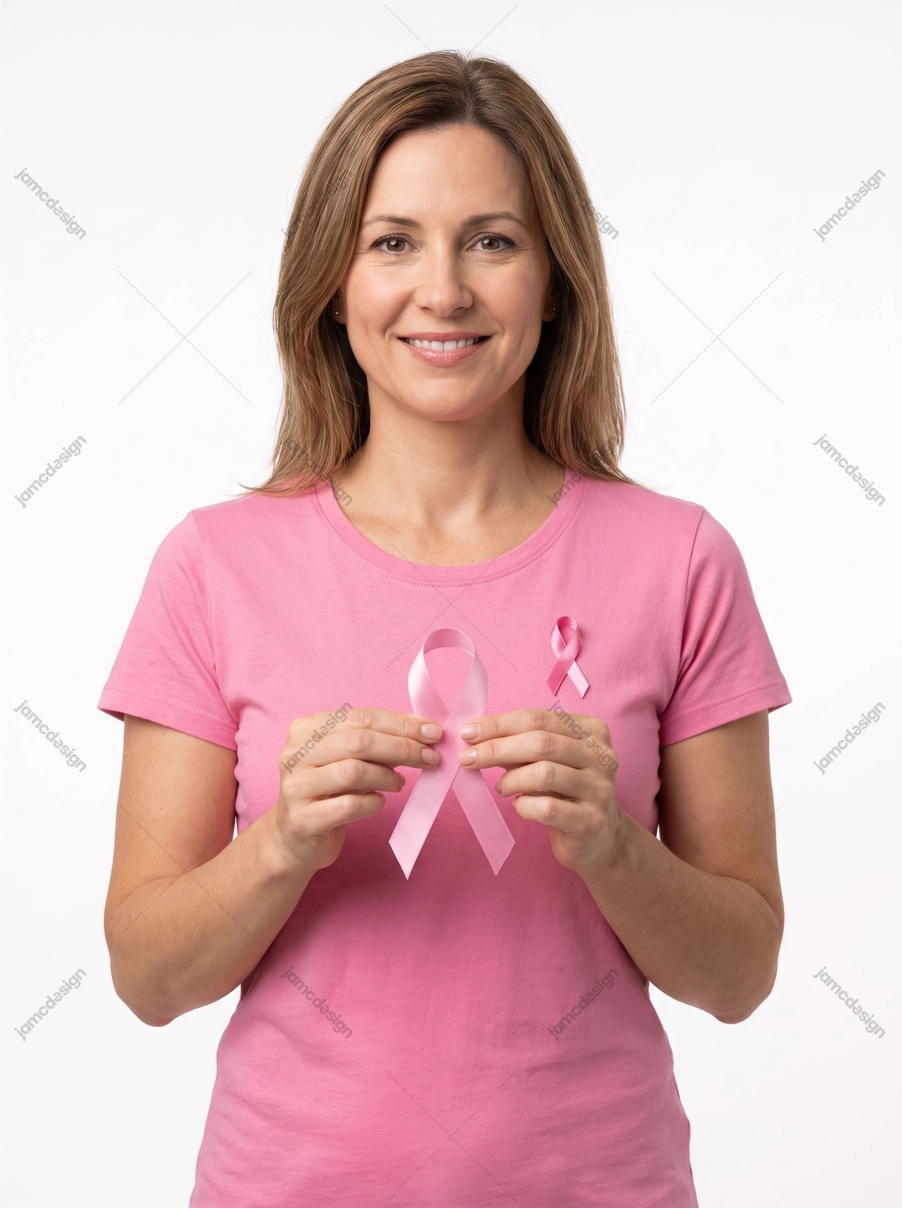 Smiling Woman In A Pink Shirt Holding An Awareness Ribbon Photo. Download this JPG photo of a smiling woman in a pink shirt holding a pink awareness ribbon