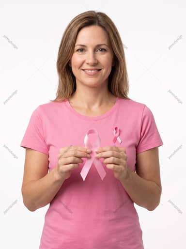 Smiling Woman In A Pink Shirt Holding An Awareness Ribbon Photo