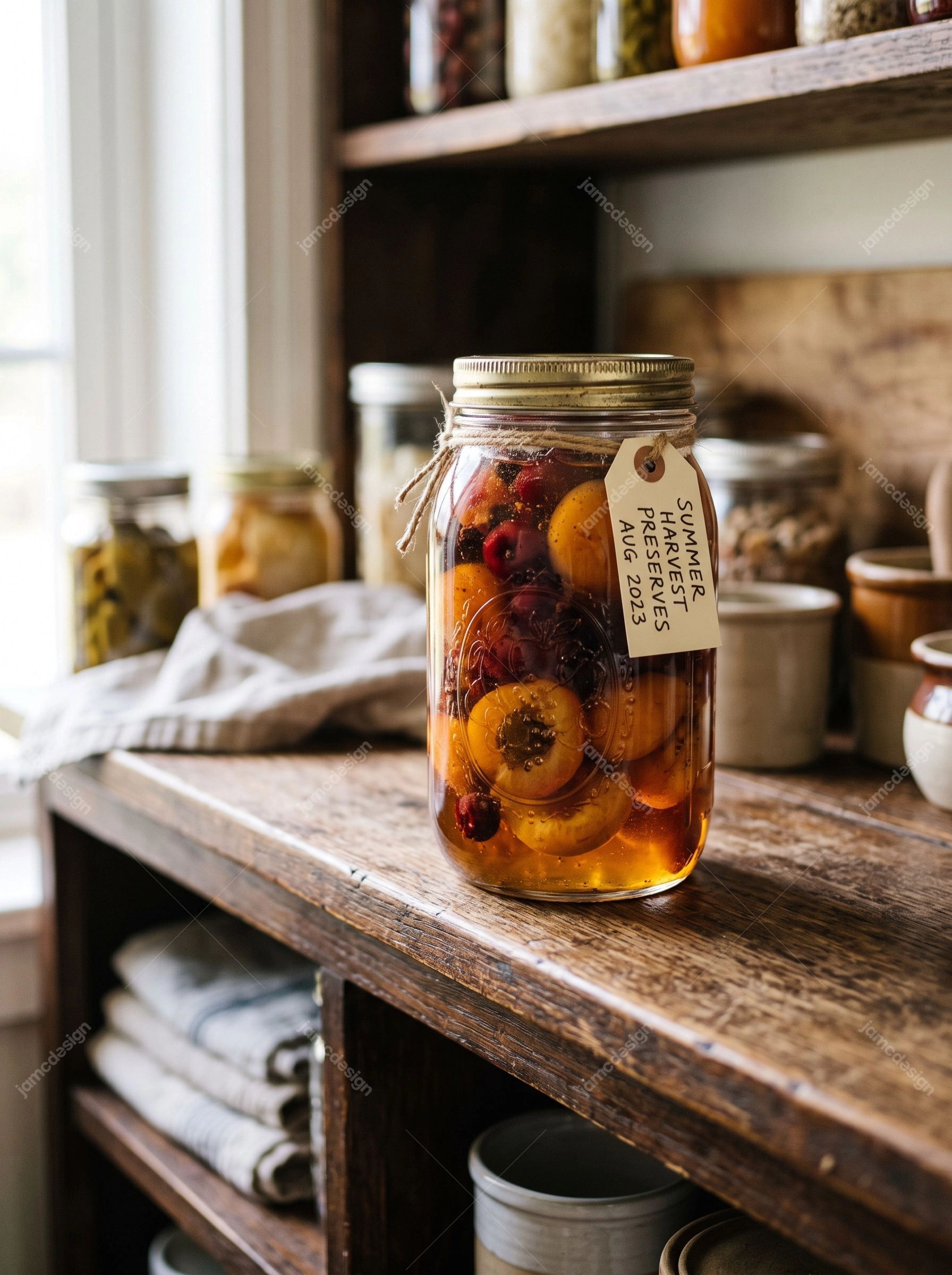 Photo De Fruits Conservés Maison Dans Une Cuisine Rustique. Téléchargez cette photo JPG réaliste d’un bocal en verre rempli de fruits en conserve