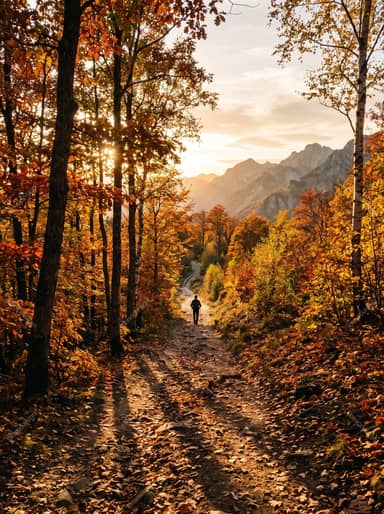 Hiker On Leaf-Covered Autumn Trail