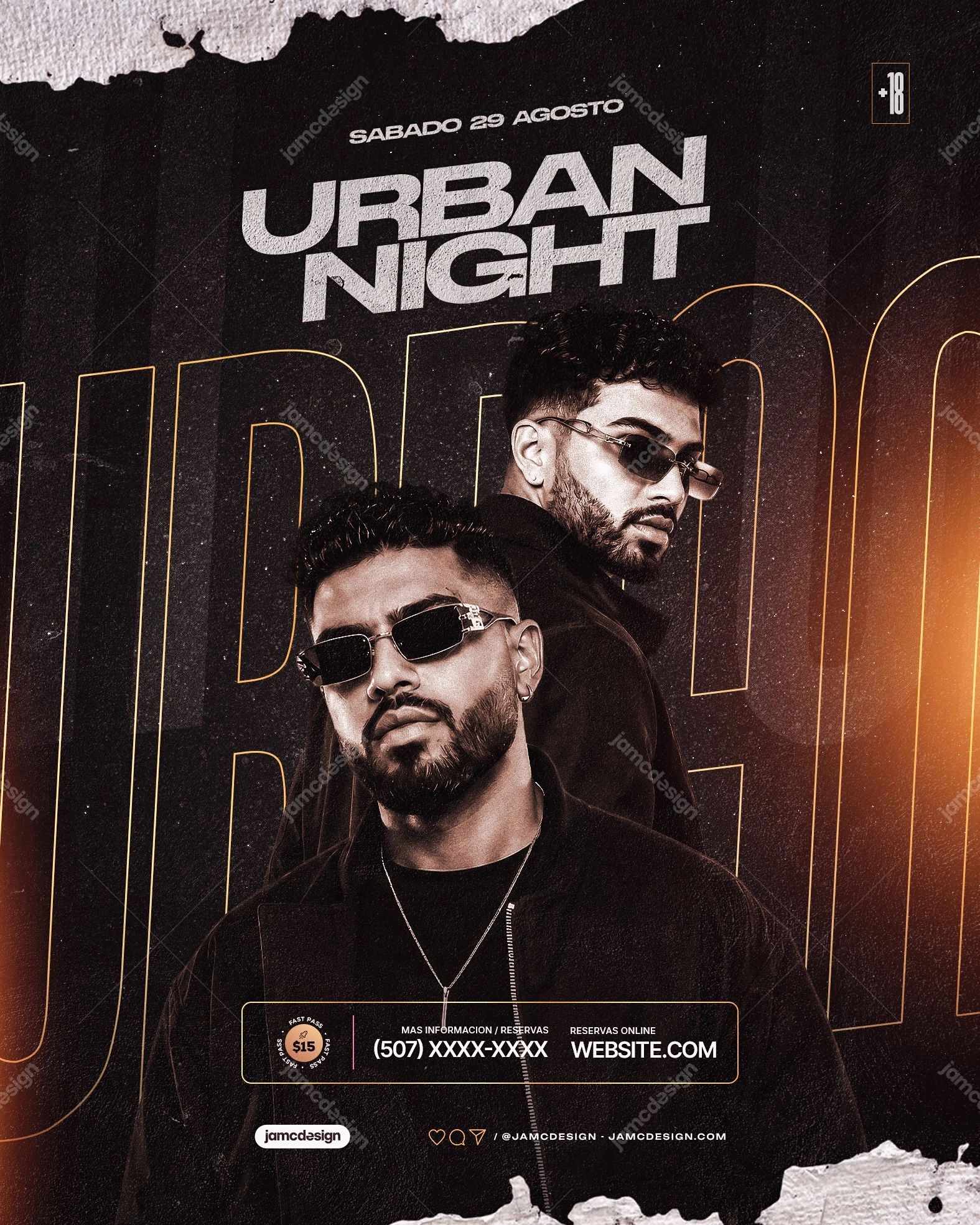 Urban Night Event Flyer Template PSD Editable. Editable PSD template for an urban night event flyer with a dark composition, two male portraits in sunglasses