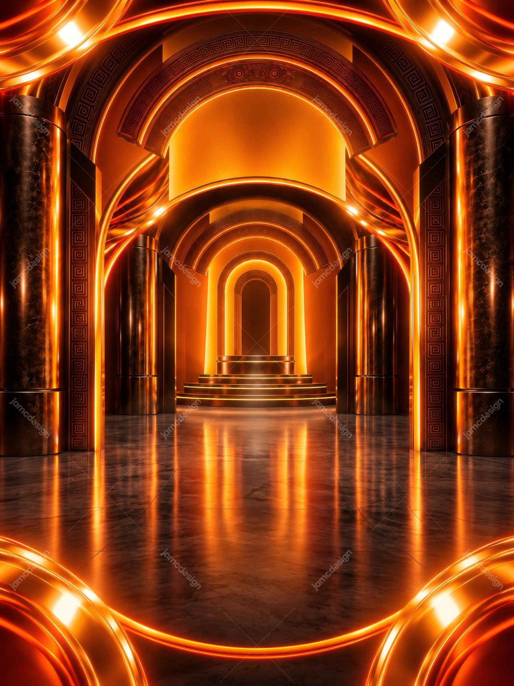 Golden Futuristic Arched Hall Background. Download this JPG background of a grand architectural hall with repeating arches, columns and reflective flooring