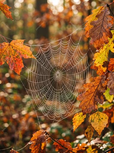 Toile D’Araignée Couverte De Rosée Parmi Les Feuilles D’Automne