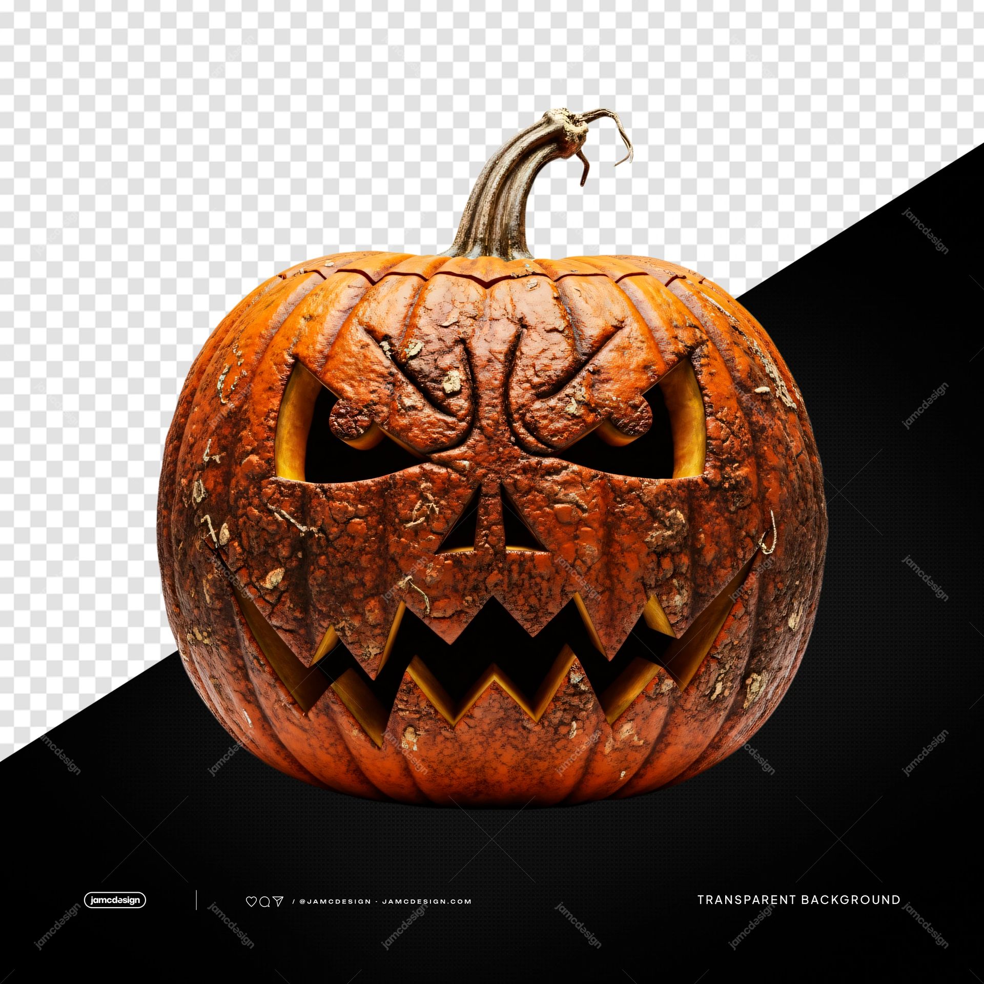 Citrouille Jack O’Lantern Effrayante PNG Transparent. Objet fini au format PNG transparent représentant une citrouille orange réaliste au visage furieux