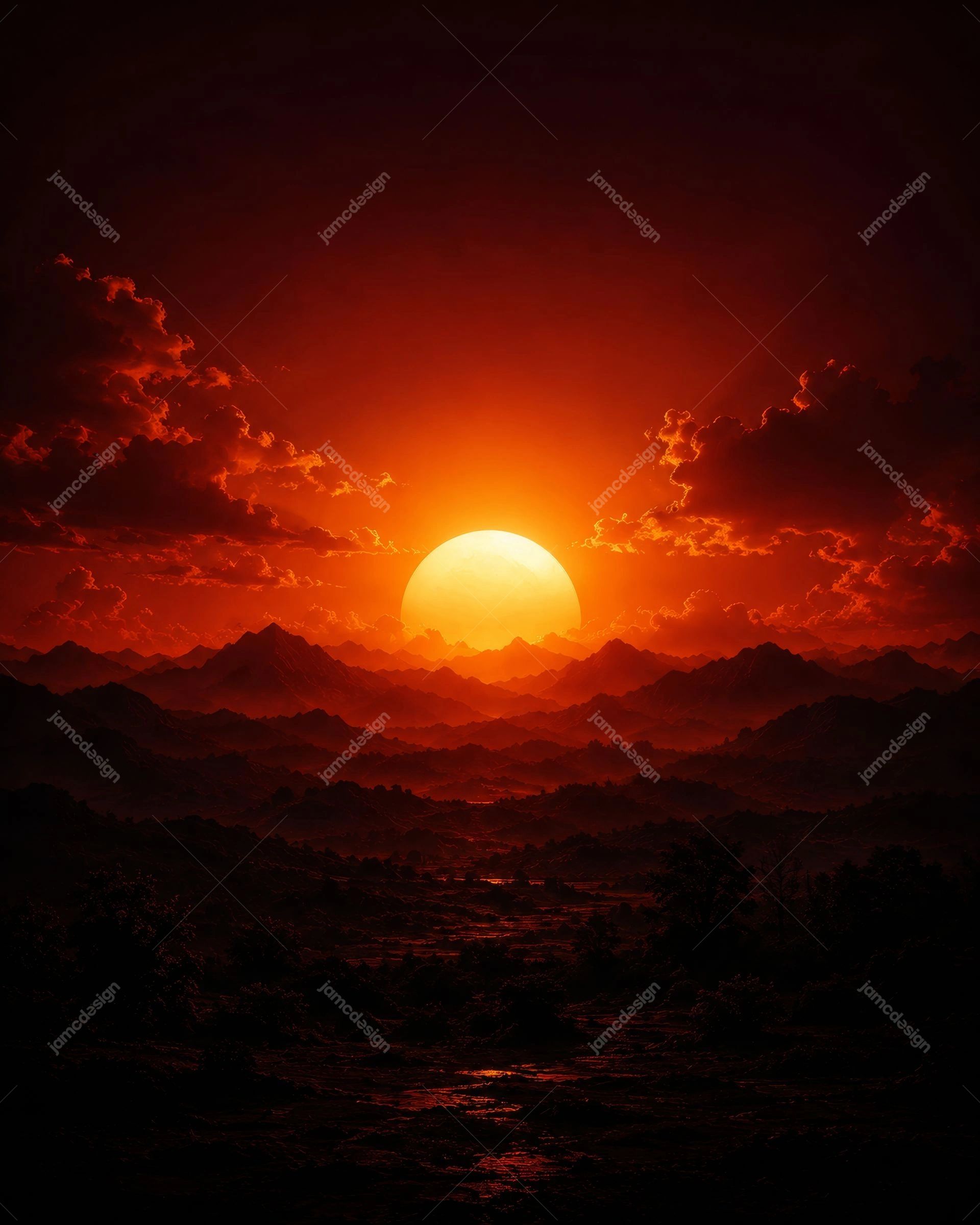 Fondo De Paisaje De Montaña Con Atardecer Rojo Cinematográfico. Fondo cinematográfico en JPG con una dramática puesta de sol rojo anaranjada sobre siluetas