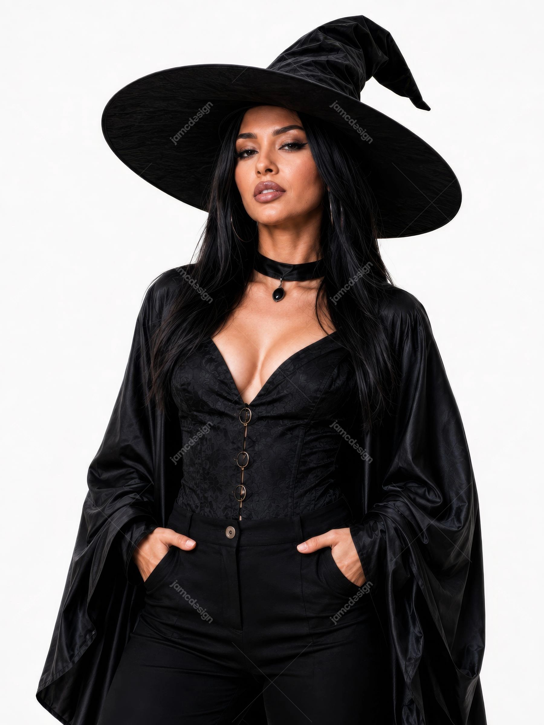 Retrato De Estudio De Hermosa Mujer Bruja Con Sombrero Negro. Foto JPG realista de una mujer con un amplio sombrero negro de bruja